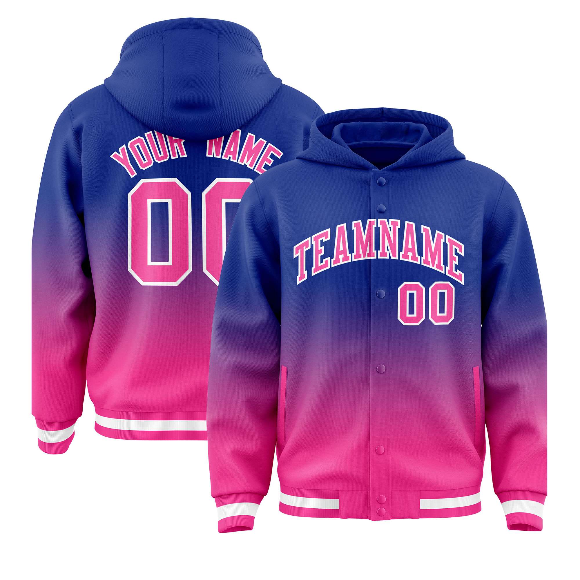 Custom Royal Pink Varsity Full-Snap Letterman Gradient Hoodie Jacket