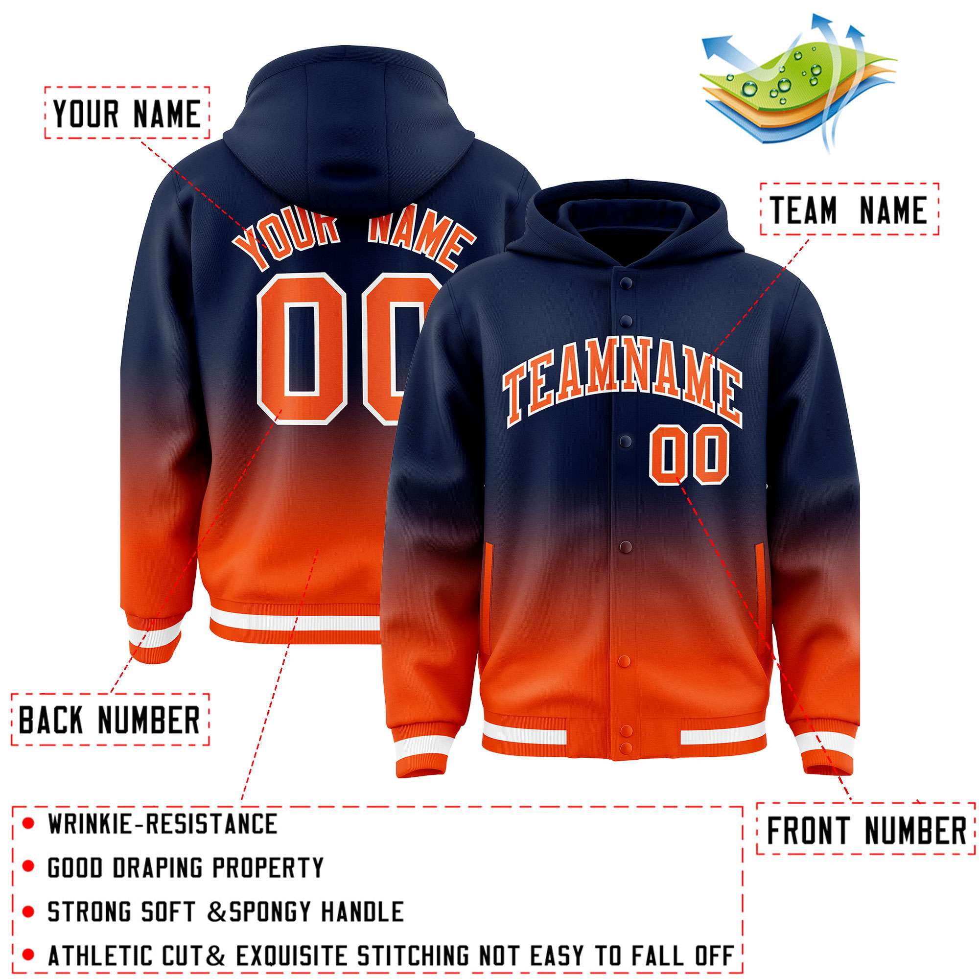 Custom Navy Orange Varsity Full-Snap Letterman Gradient Hoodie Jacket