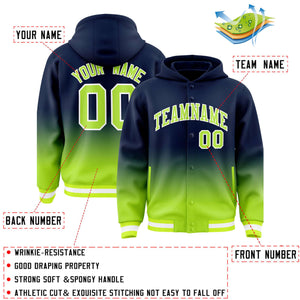 Custom Navy Neon Green Varsity Full-Snap Letterman Gradient Hoodie Jacket