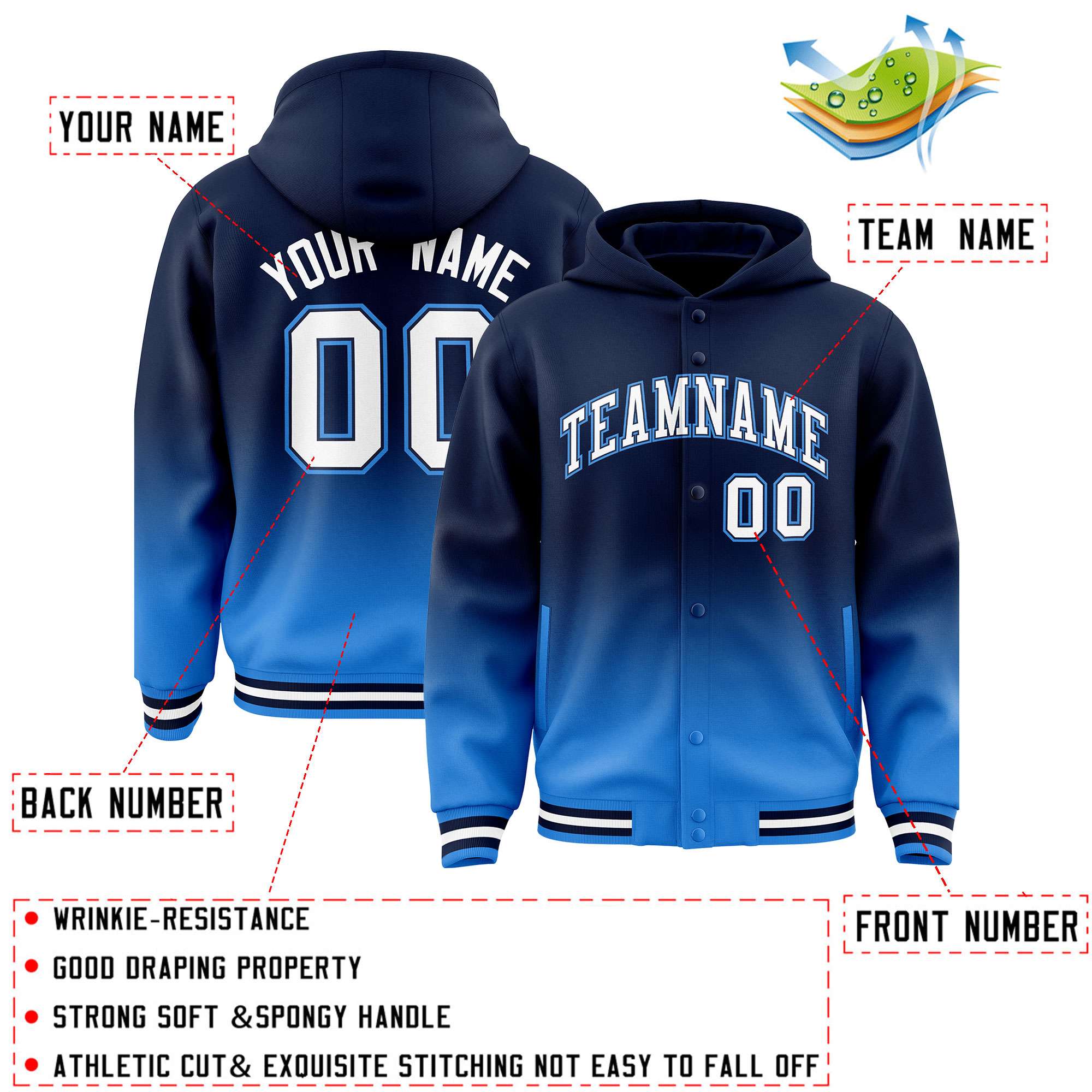 Custom Navy Blue Varsity Full-Snap Letterman Gradient Hoodie Jacket