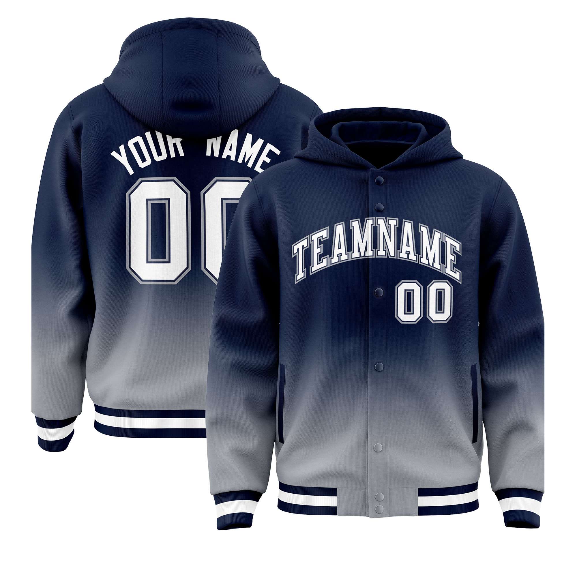 Custom Navy Gray Varsity Full-Snap Letterman Gradient Hoodie Jacket