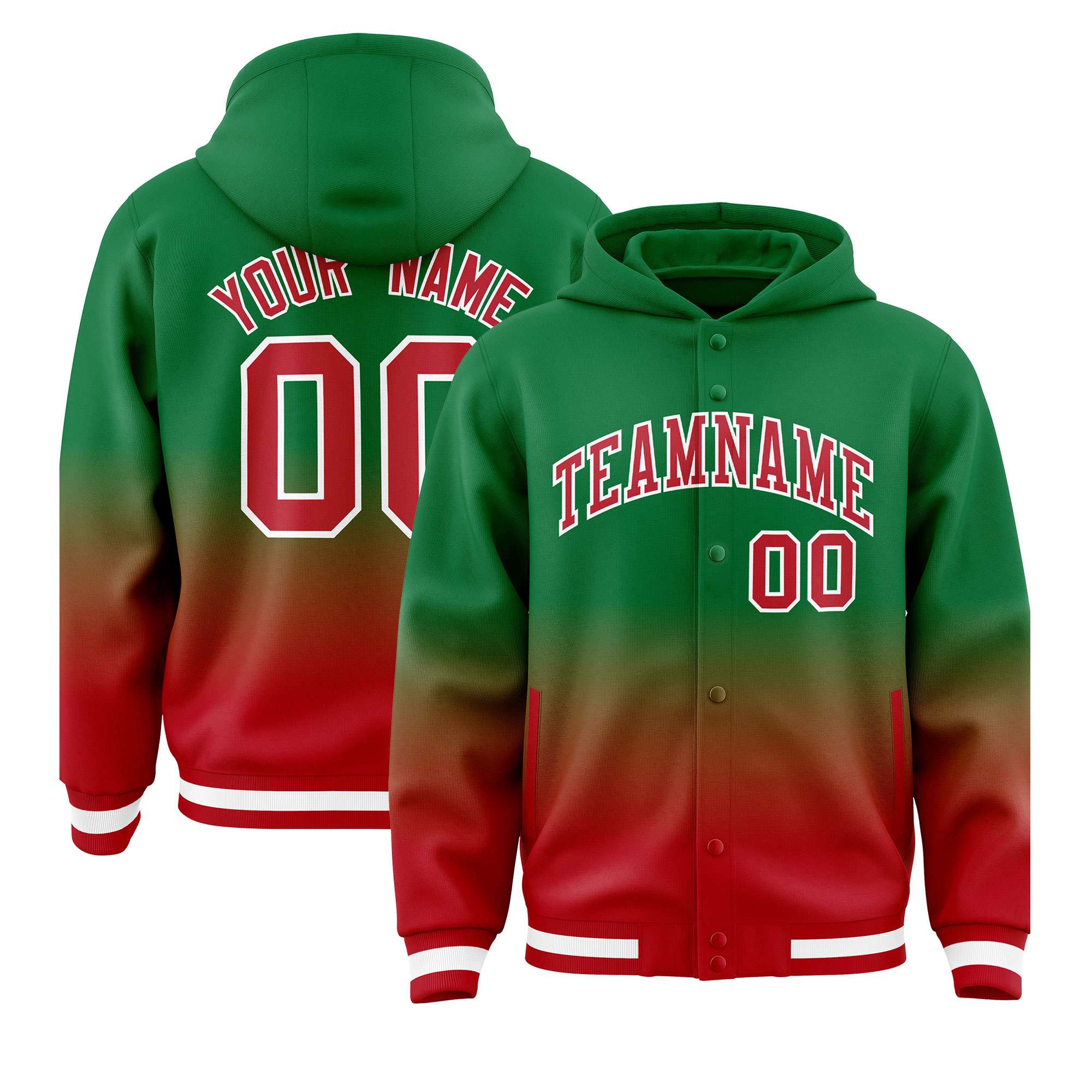 Custom Green Red Varsity Full-Snap Letterman Gradient Hoodie Jacket