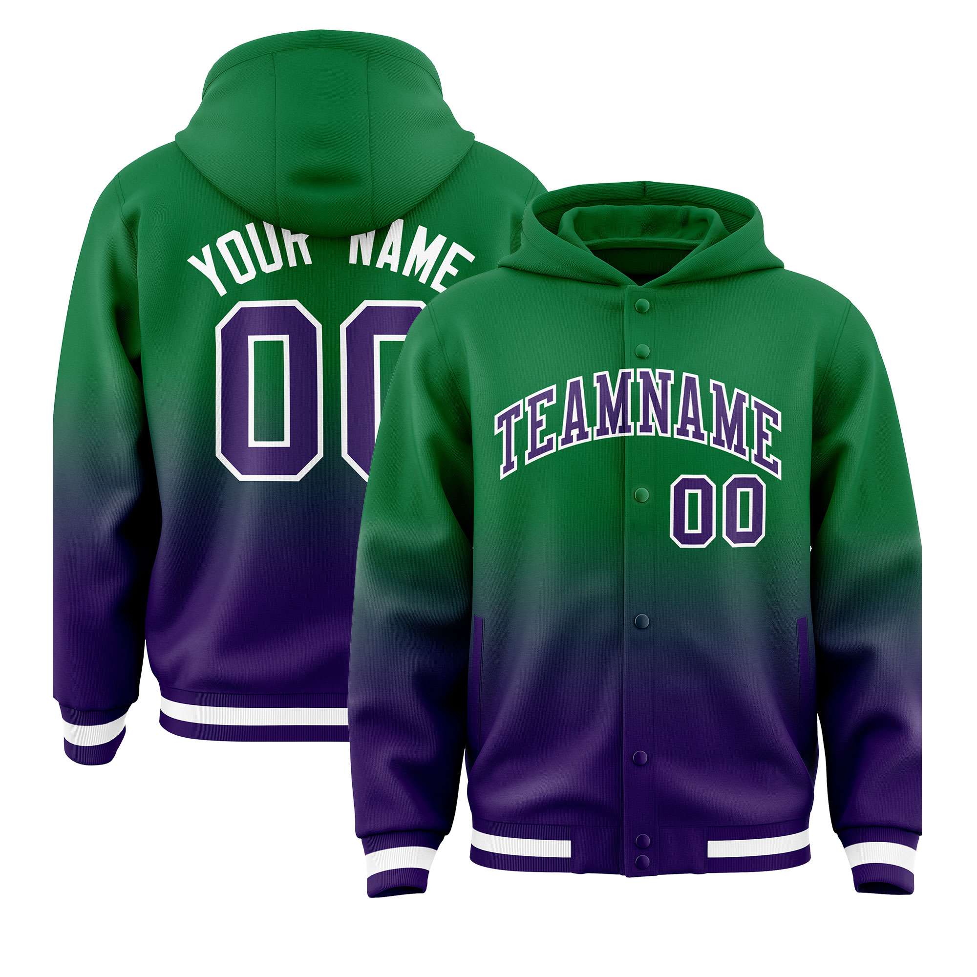 Custom Green Purple Varsity Full-Snap Letterman Gradient Hoodie Jacket