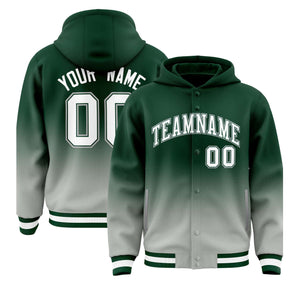 Custom Green Gray Varsity Full-Snap Letterman Gradient Hoodie Jacket