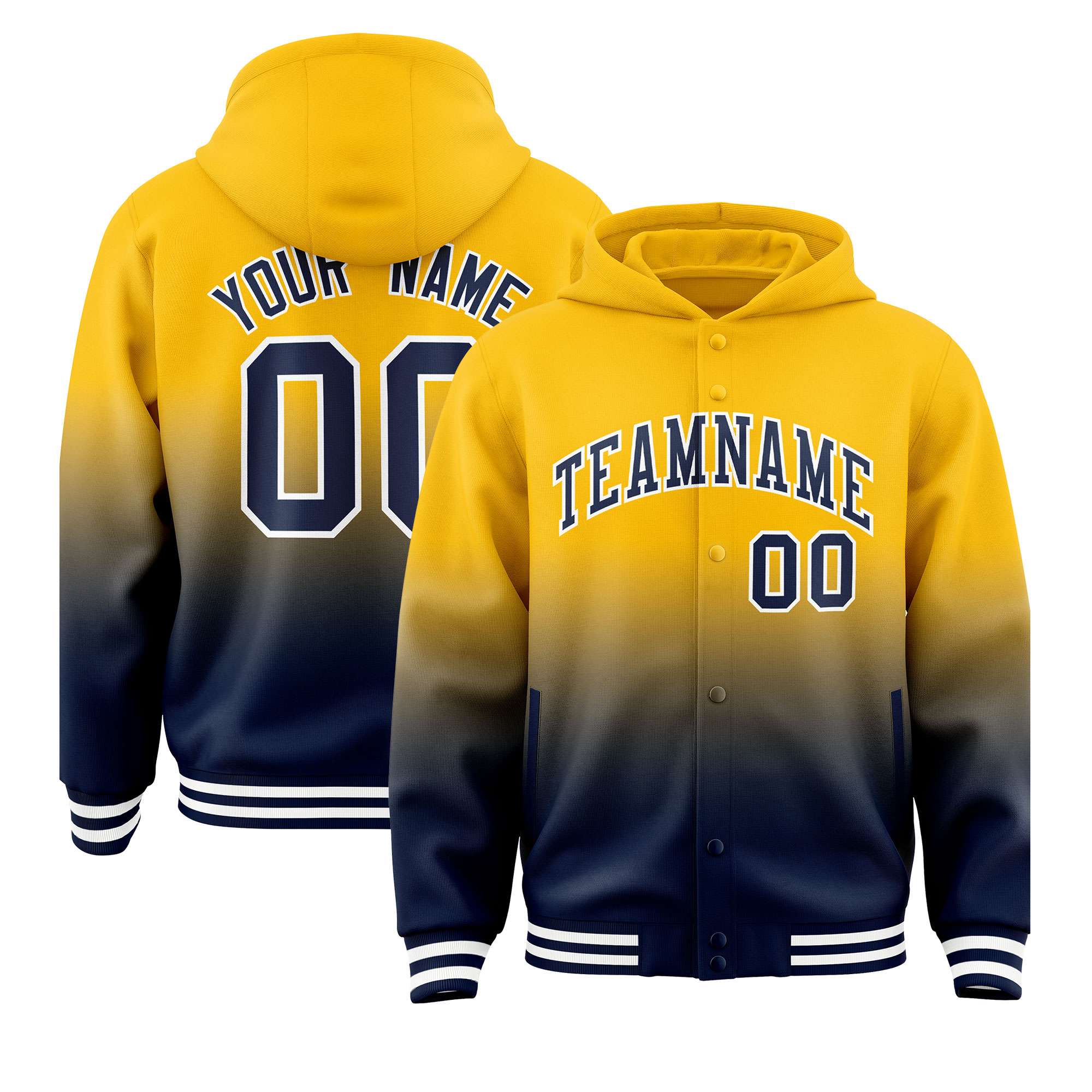 Custom Yellow Navy Varsity Full-Snap Letterman Gradient Hoodie Jacket