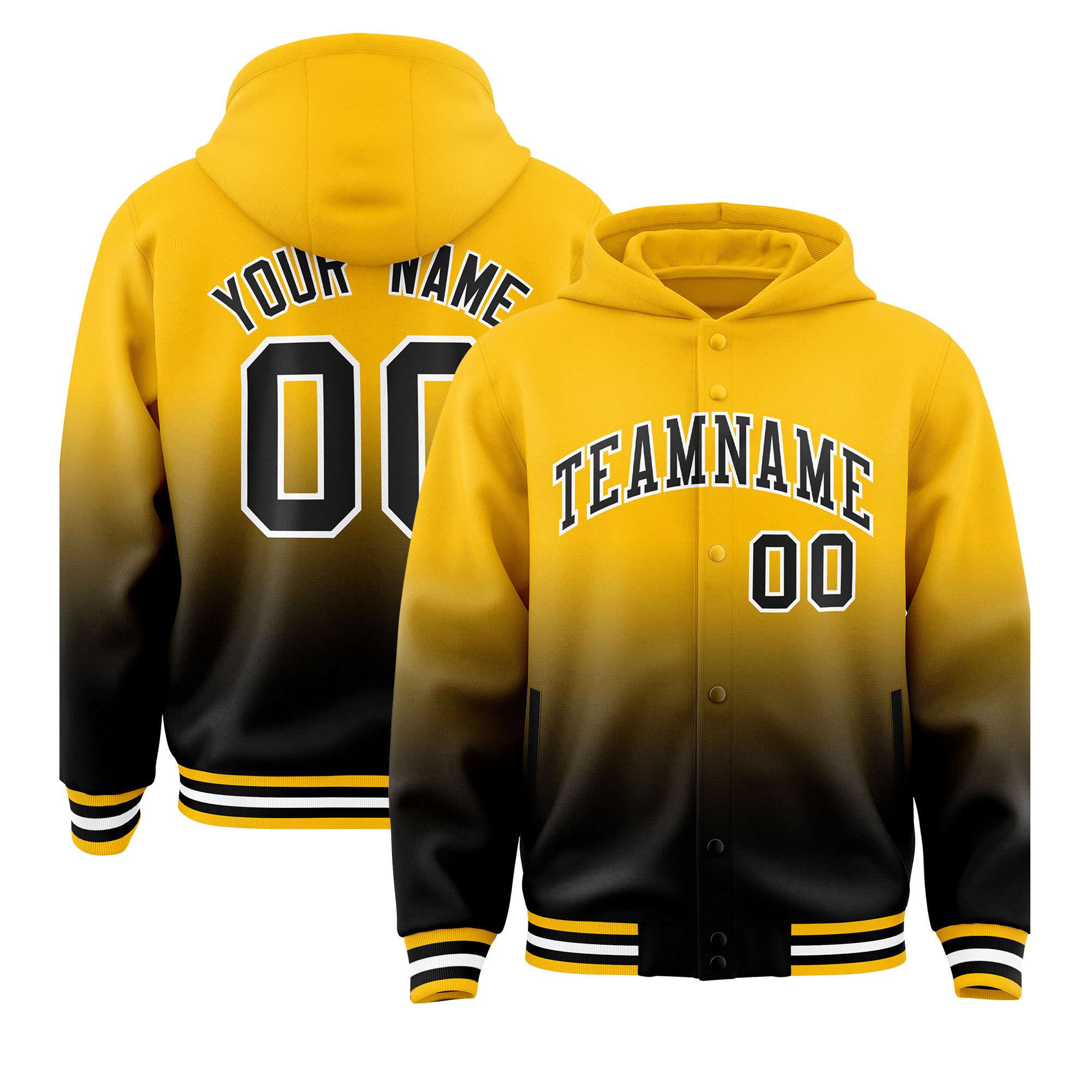 Custom Yellow Black Varsity Full-Snap Letterman Gradient Hoodie Jacket