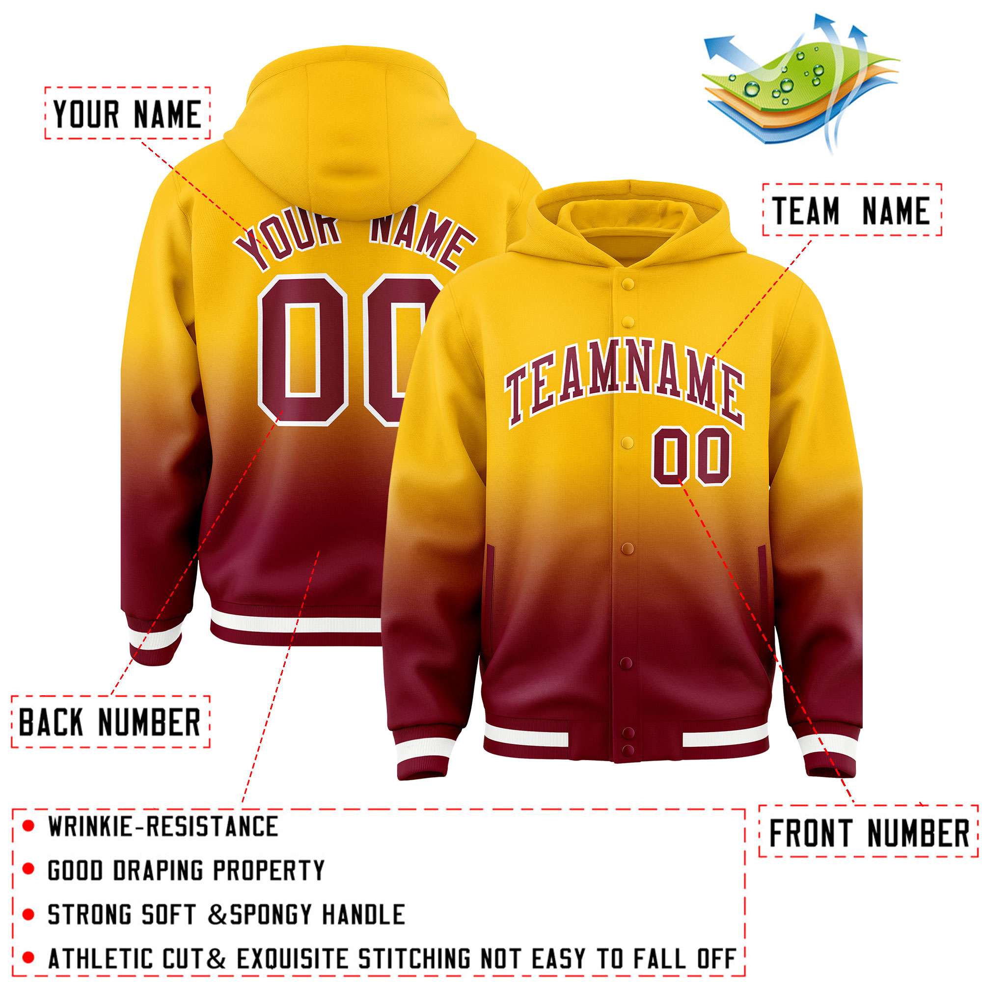 Custom Yellow Crimson Varsity Full-Snap Letterman Gradient Hoodie Jacket