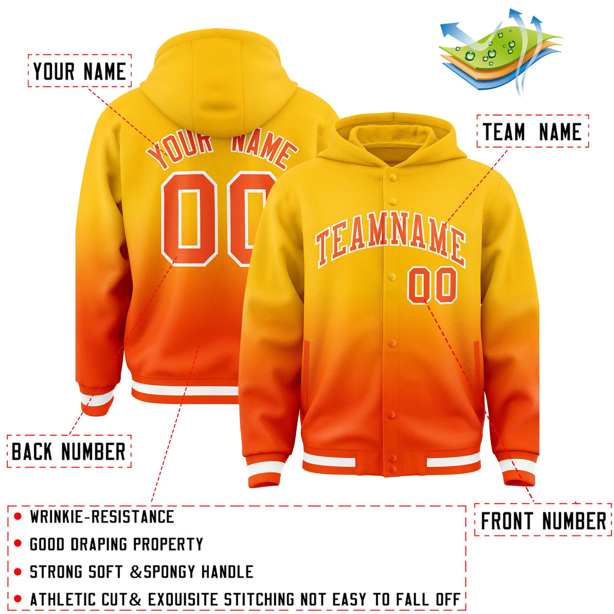 Custom Yellow Orange Varsity Full-Snap Letterman Gradient Hoodie Jacket