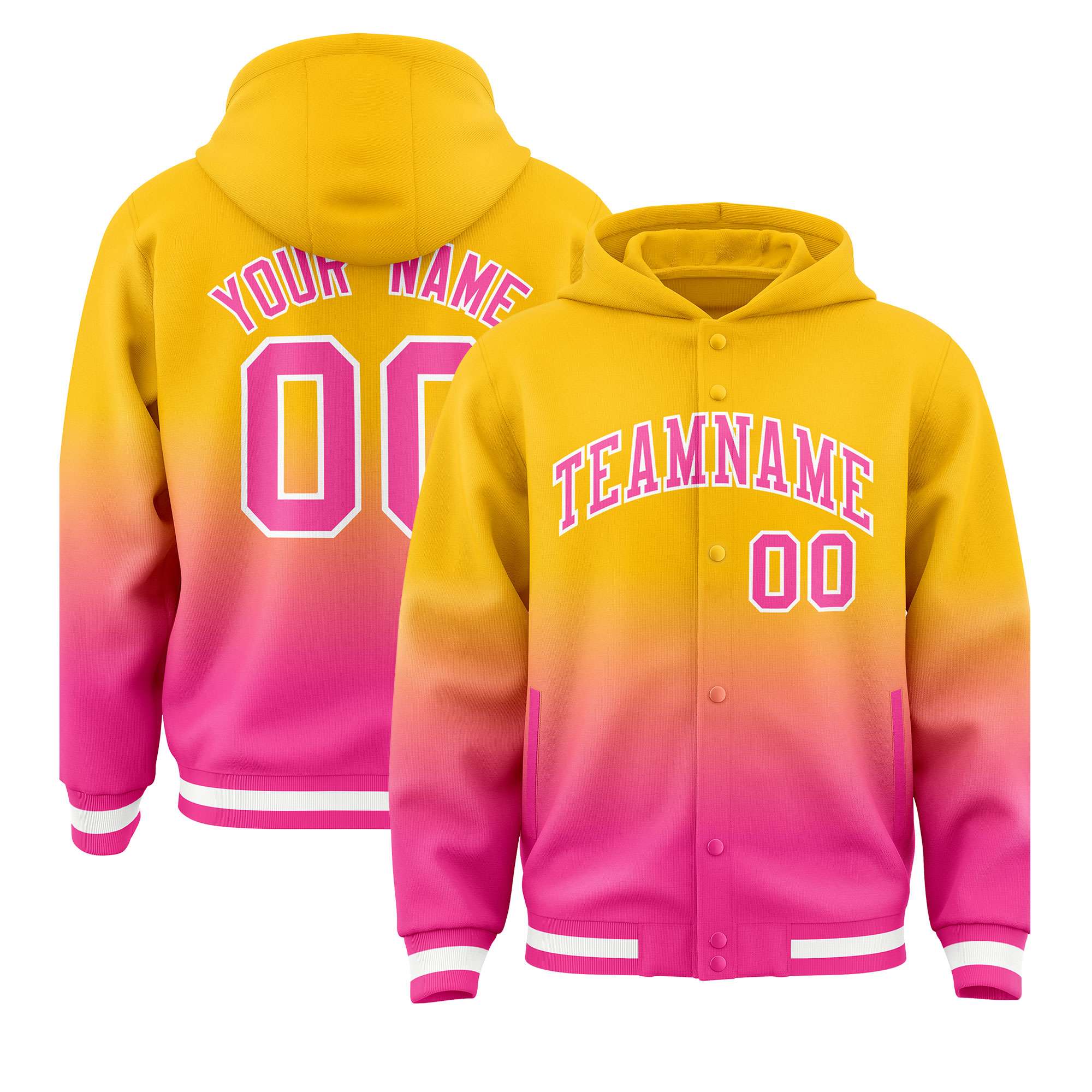 Custom Yellow Pink Varsity Full-Snap Letterman Gradient Hoodie Jacket