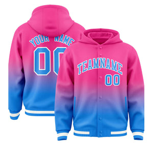 Custom Pink Blue Varsity Full-Snap Letterman Gradient Hoodie Jacket