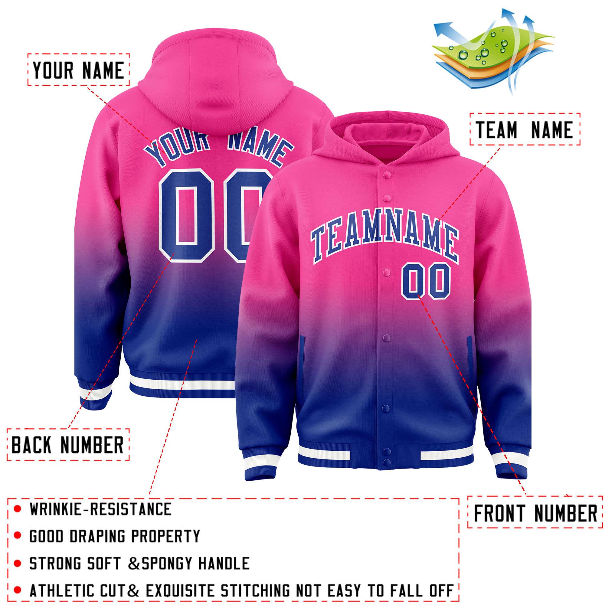 Custom Pink Royal Varsity Full-Snap Letterman Gradient Hoodie Jacket