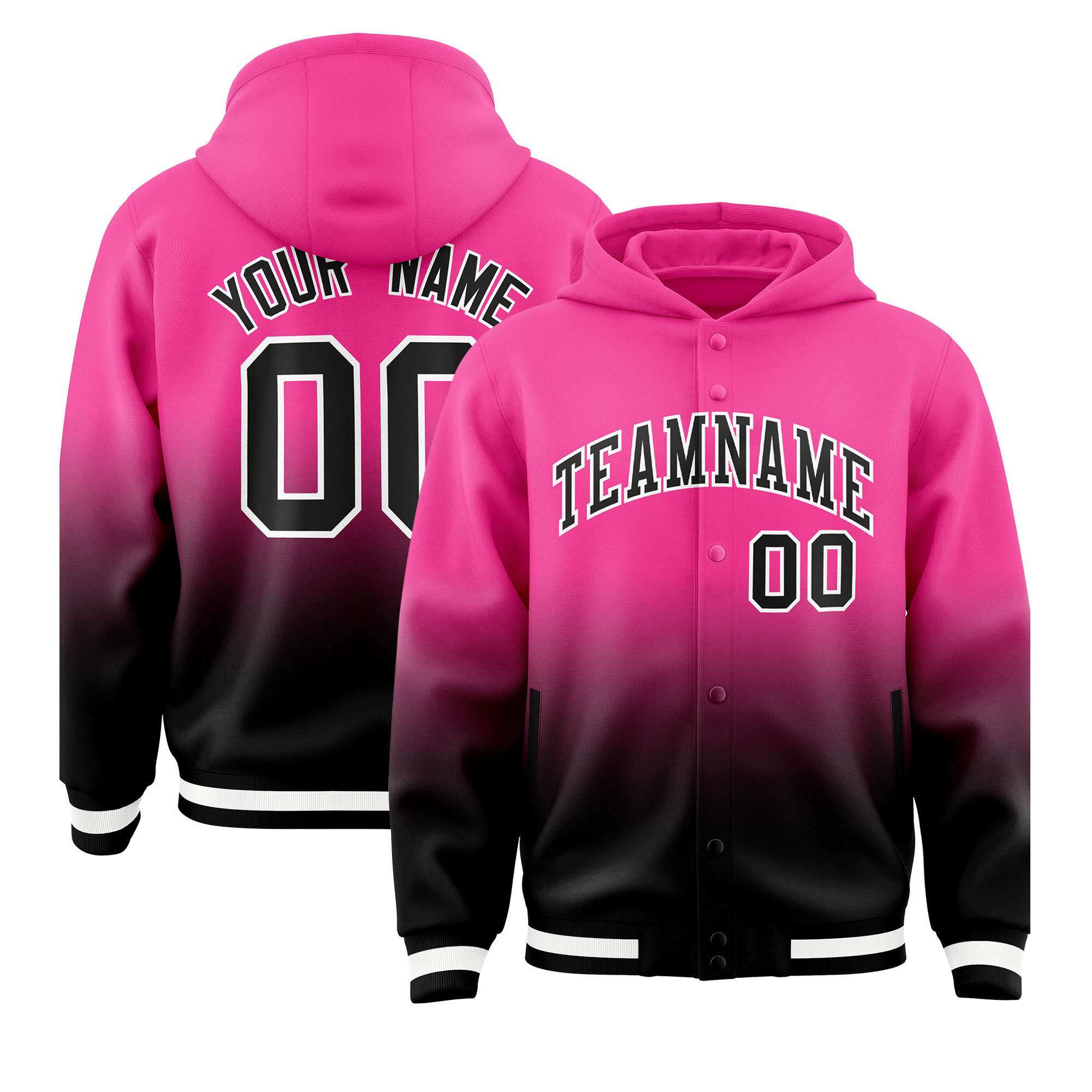 Custom Pink Black Varsity Full-Snap Letterman Gradient Hoodie Jacket