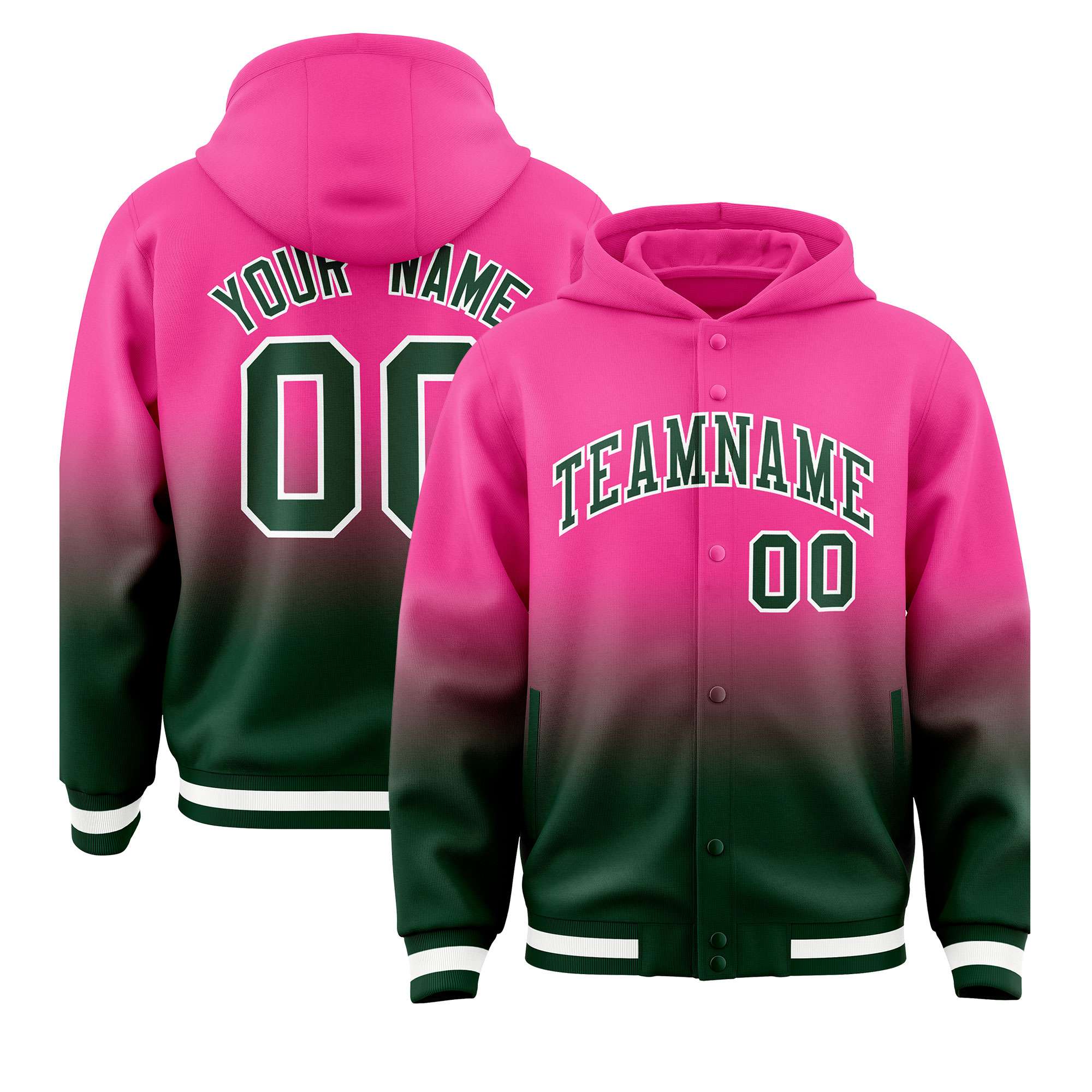 Custom Pink Green Varsity Full-Snap Letterman Gradient Hoodie Jacket