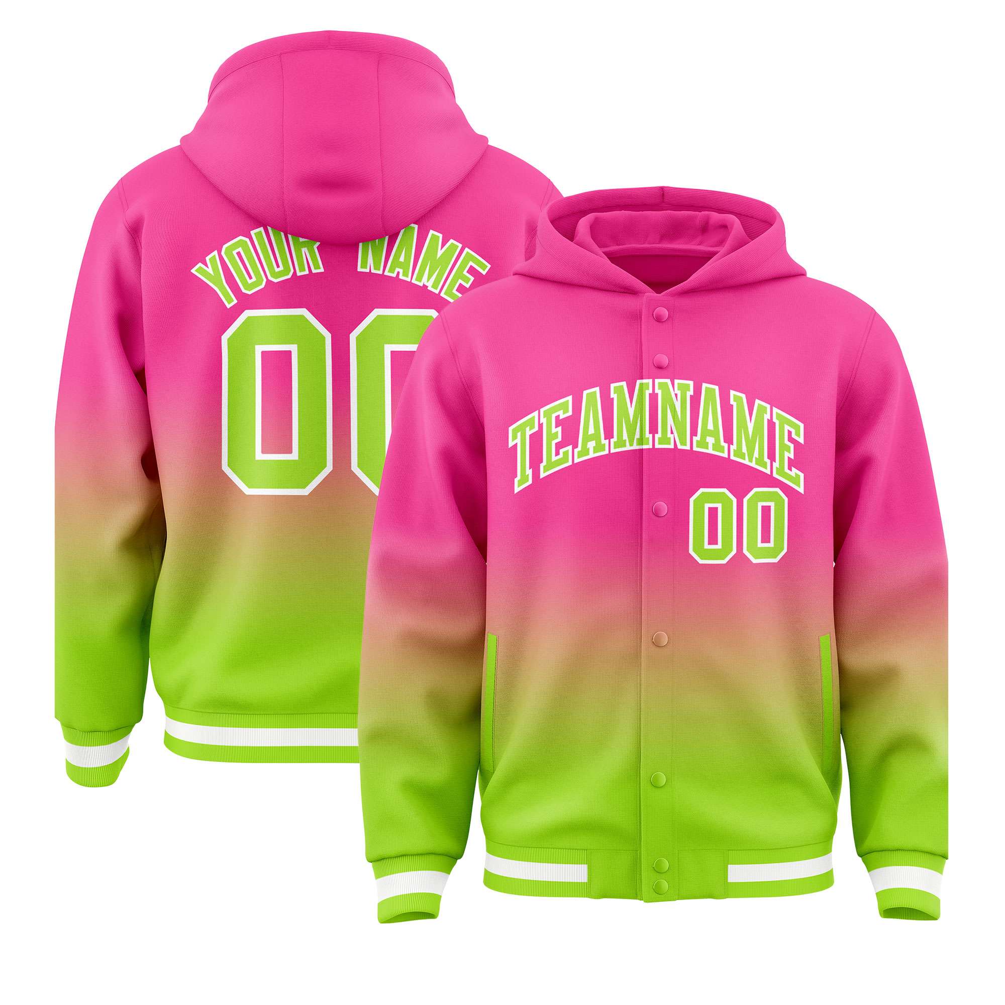 Custom Pink Neon Green Varsity Full-Snap Letterman Gradient Hoodie Jacket