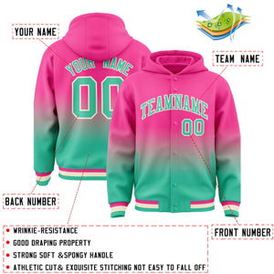 Custom Pink Bright Green Varsity Full-Snap Letterman Gradient Hoodie Jacket