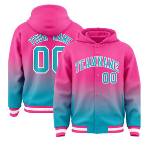 Custom Pink Sky Blue Varsity Full-Snap Letterman Gradient Hoodie Jacket