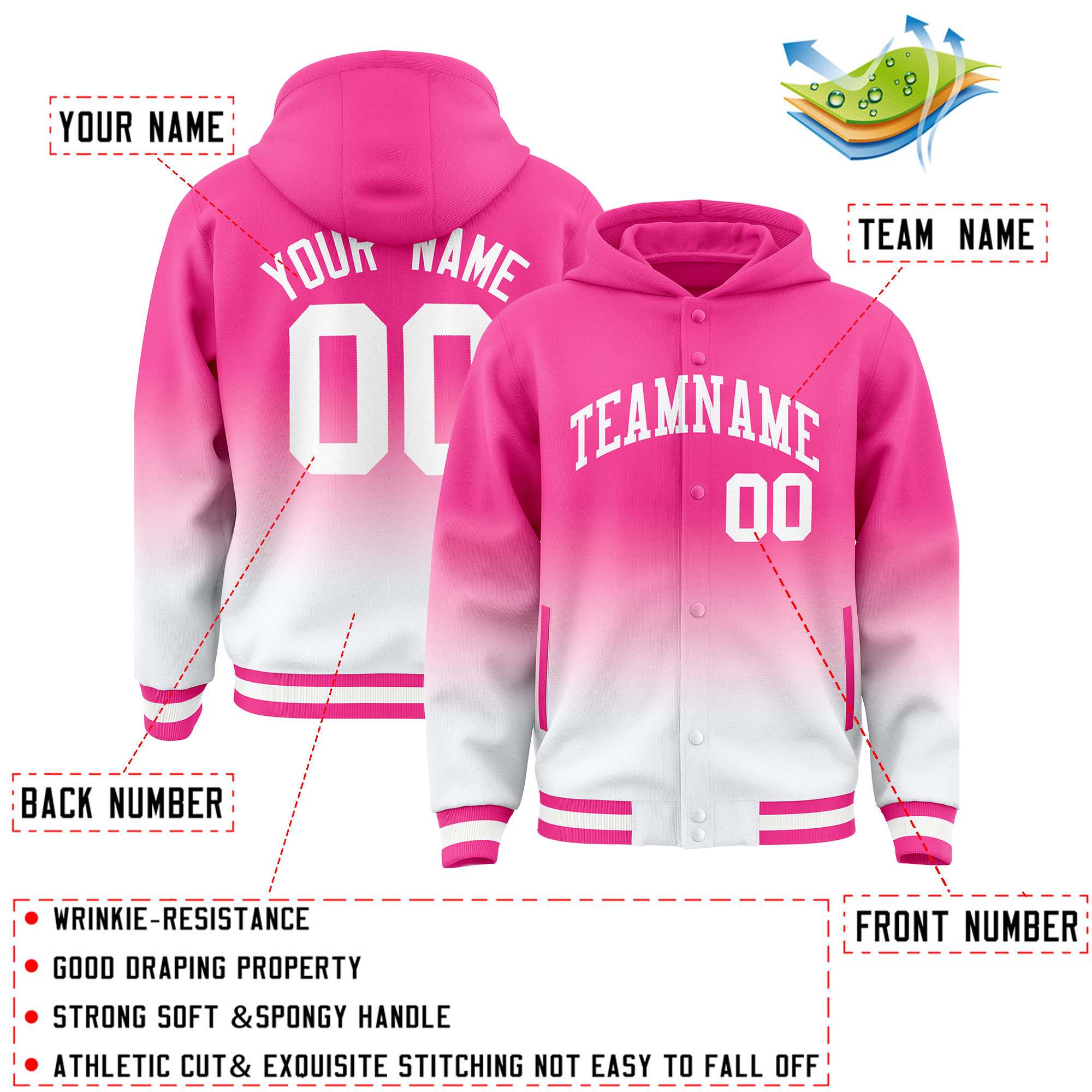 Custom Pink White Varsity Full-Snap Letterman Gradient Hoodie Jacket