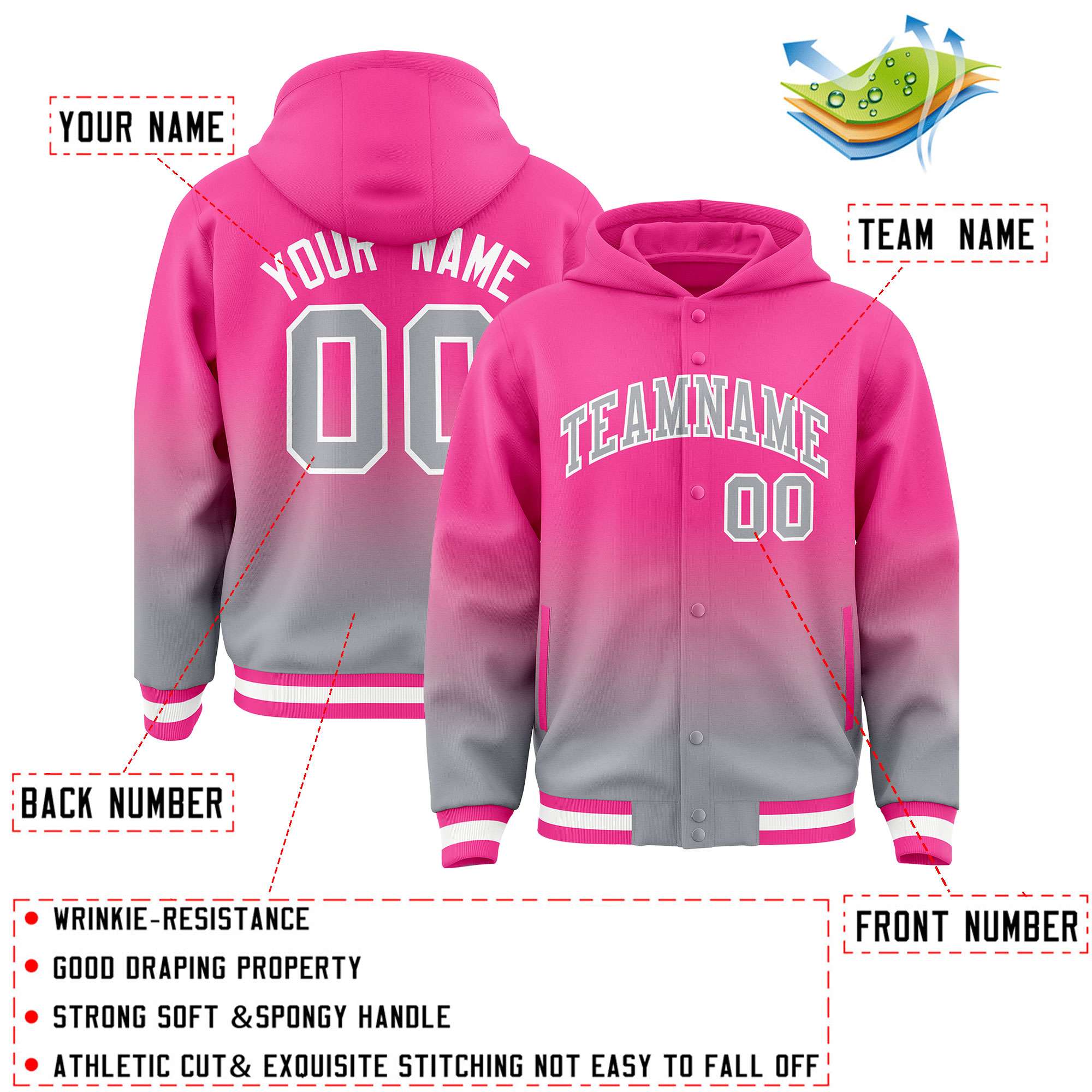 Custom Pink Gray Varsity Full-Snap Letterman Gradient Hoodie Jacket