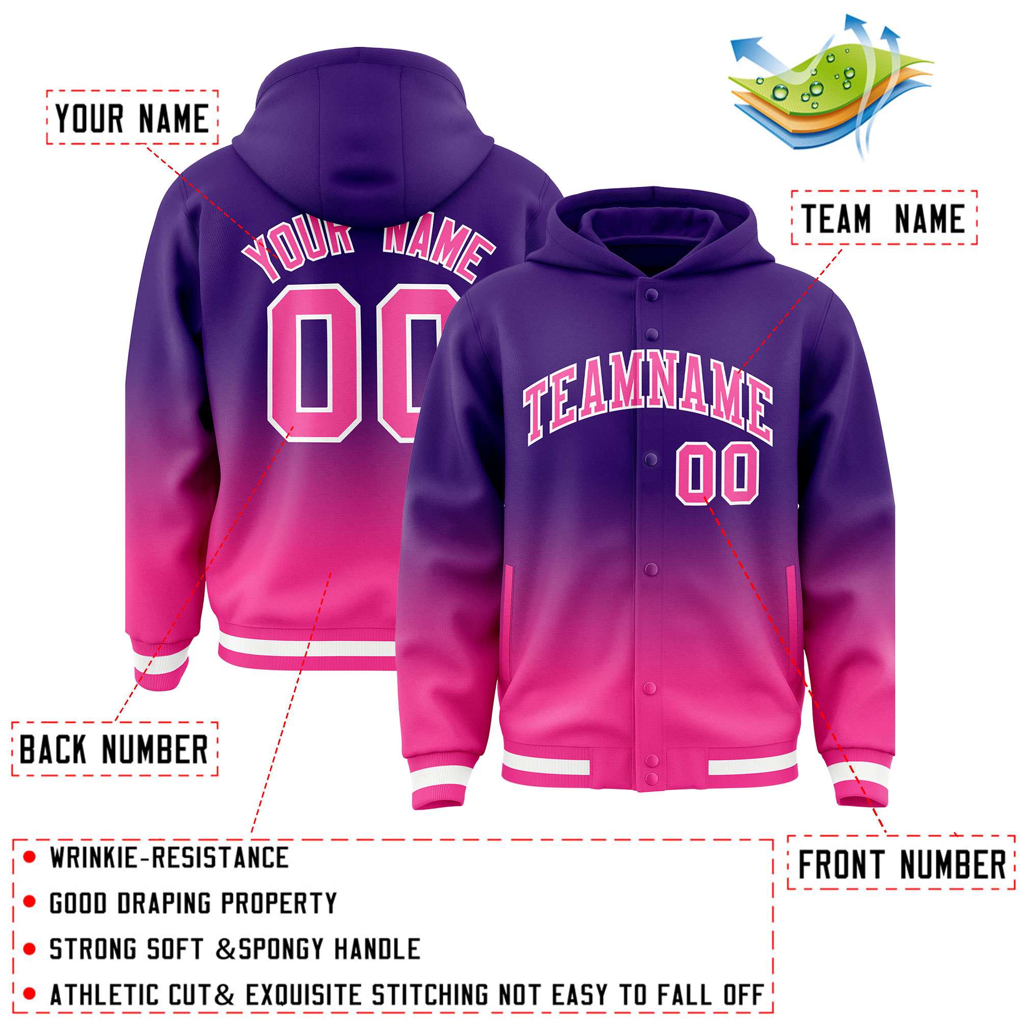 Custom Purple Pink Varsity Full-Snap Letterman Gradient Hoodie Jacket