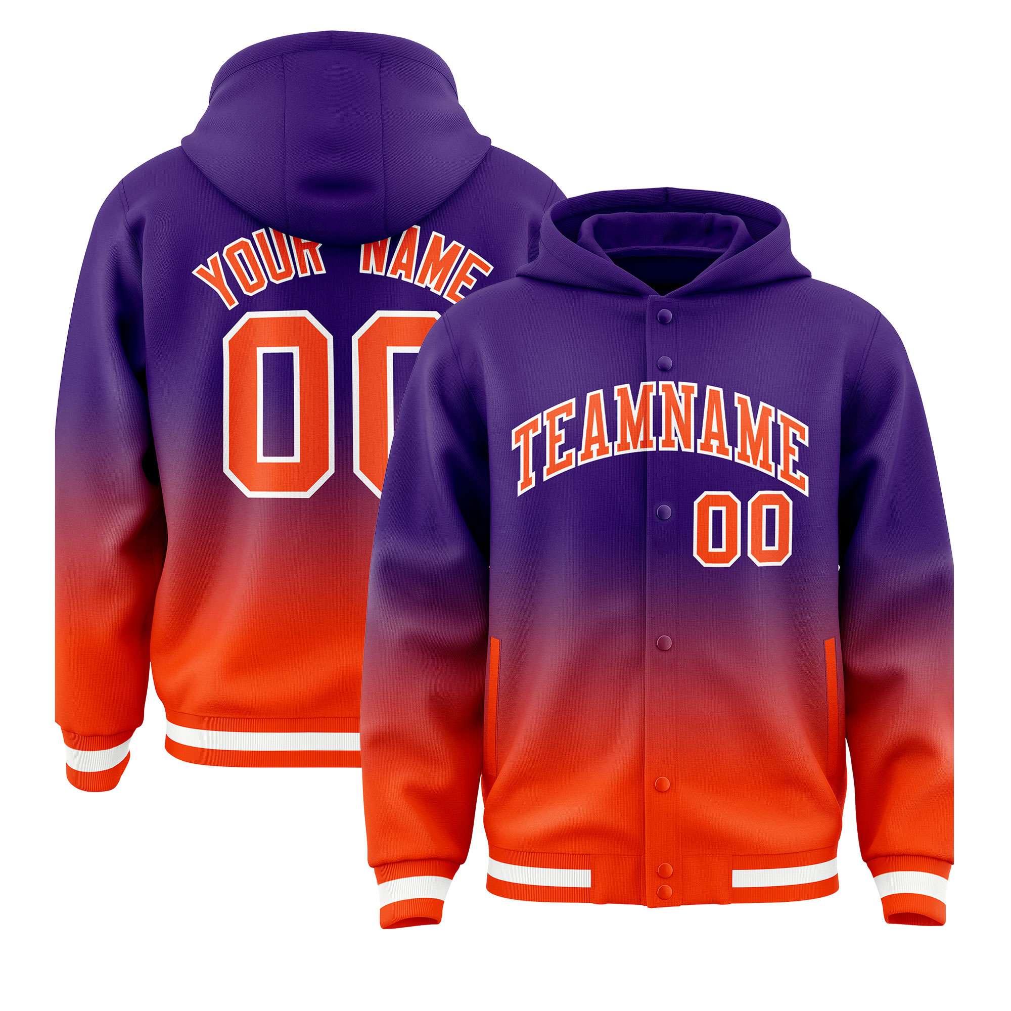 Custom Purple Orange Varsity Full-Snap Letterman Gradient Hoodie Jacket