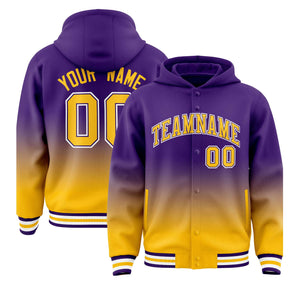 Custom Purple Yellow Varsity Full-Snap Letterman Gradient Hoodie Jacket