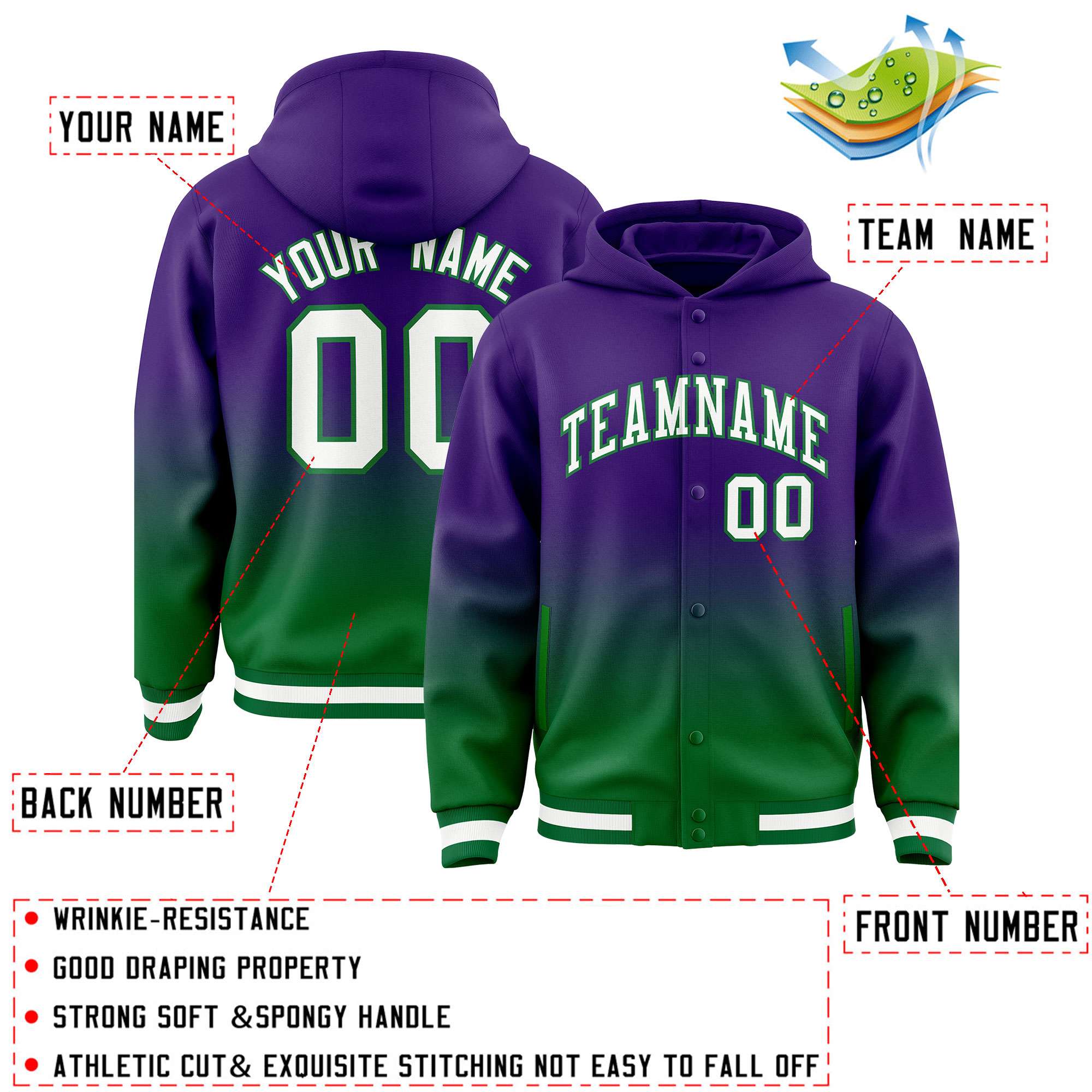 Custom Purple Green Varsity Full-Snap Letterman Gradient Hoodie Jacket