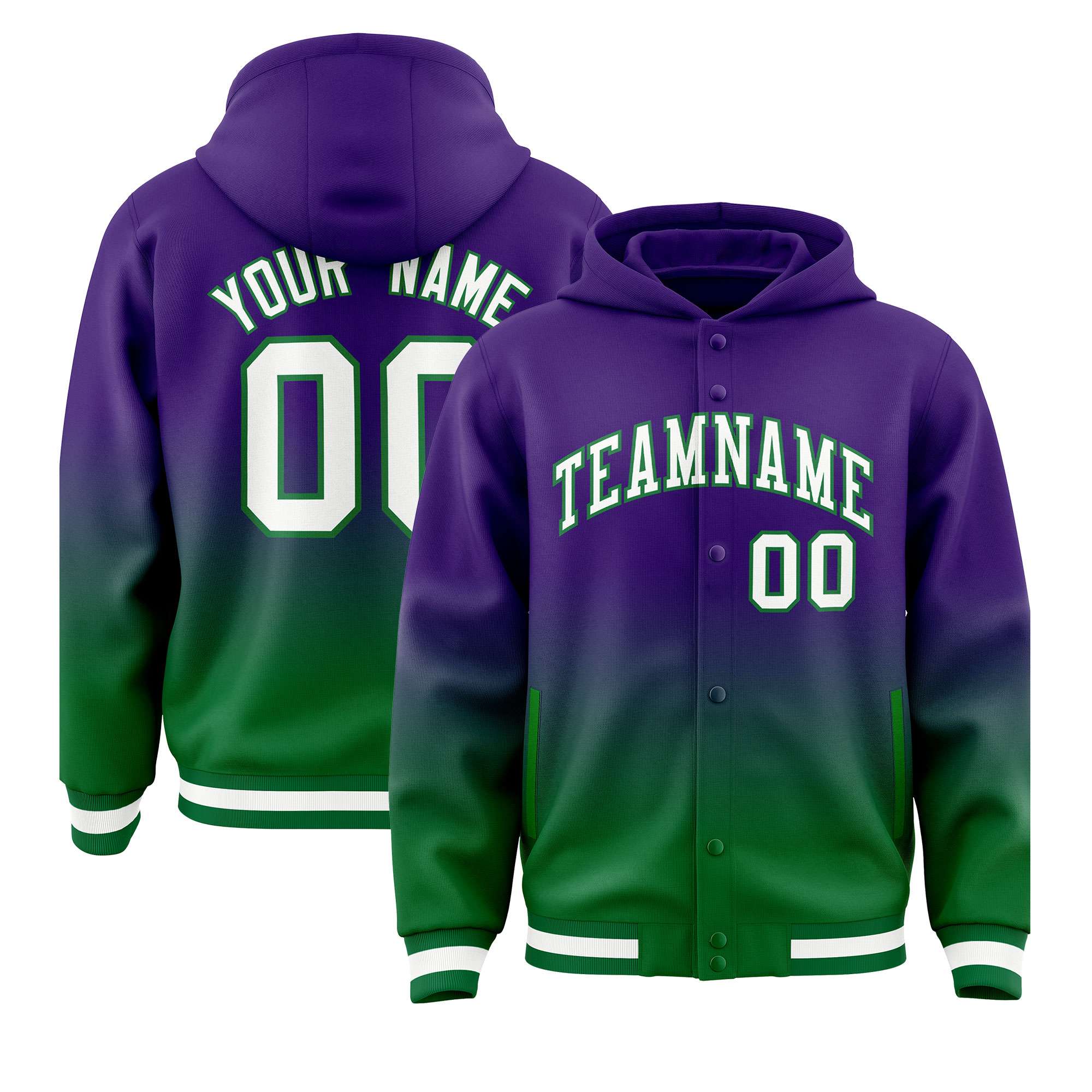 Custom Purple Green Varsity Full-Snap Letterman Gradient Hoodie Jacket