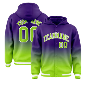 Custom Purple Neon Green Varsity Full-Snap Letterman Gradient Hoodie Jacket