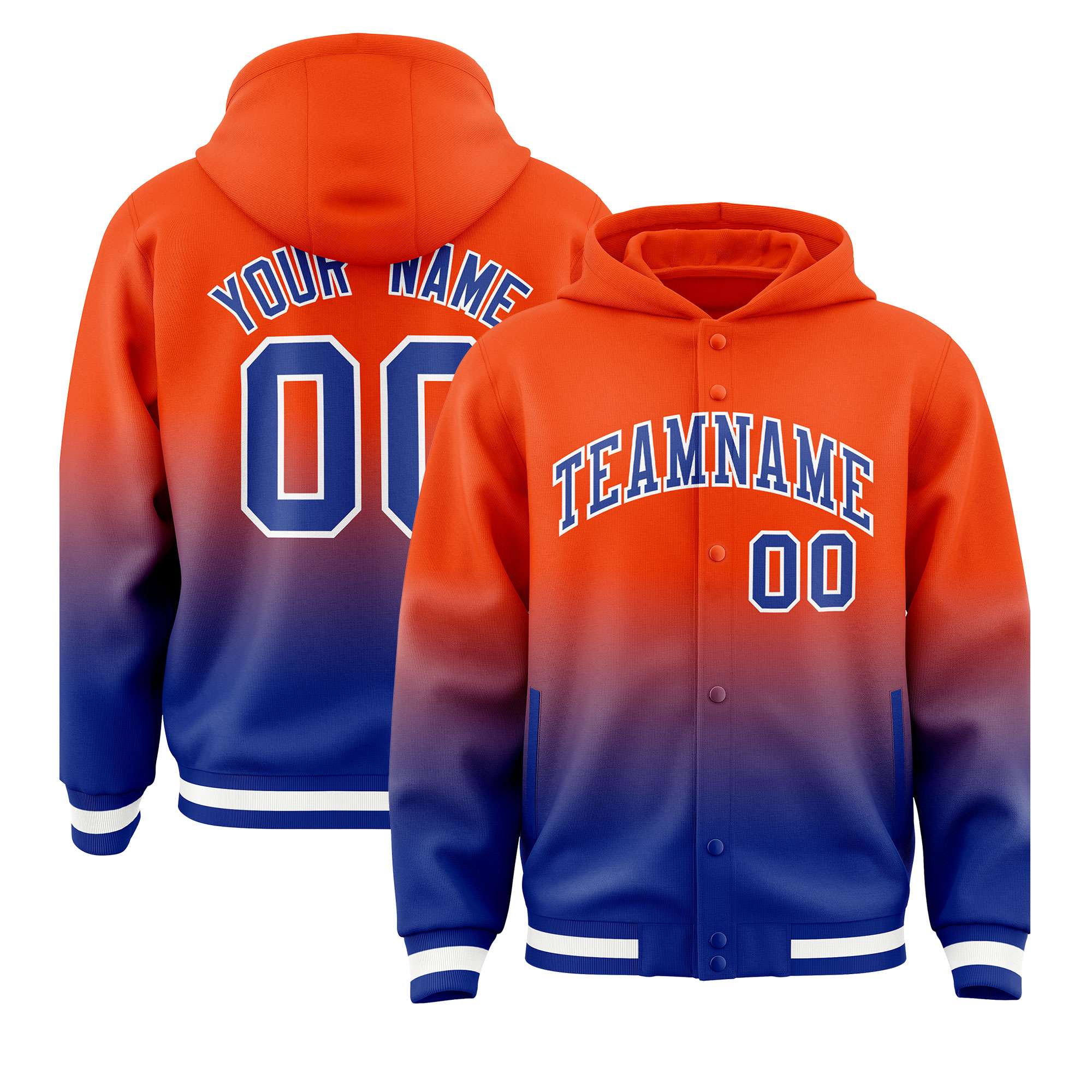 Custom Orange Royal Varsity Full-Snap Letterman Gradient Hoodie Jacket