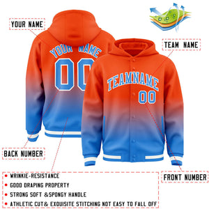 Custom Orange Blue Varsity Full-Snap Letterman Gradient Hoodie Jacket