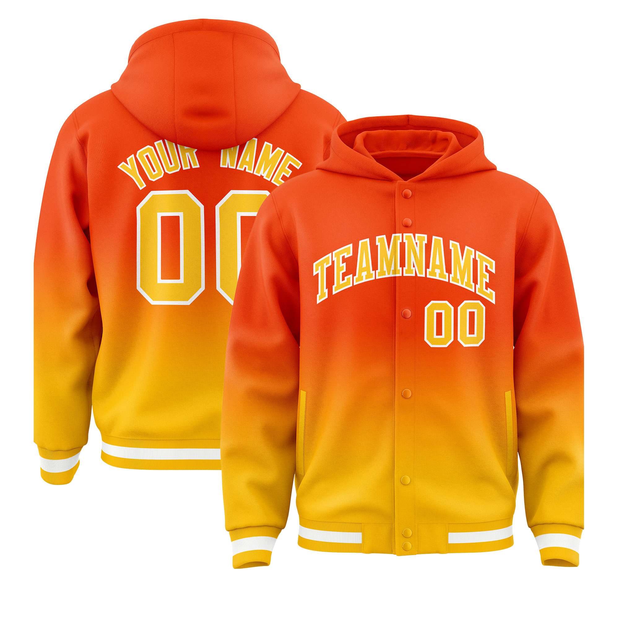 Custom Orange Yellow Varsity Full-Snap Letterman Gradient Hoodie Jacket