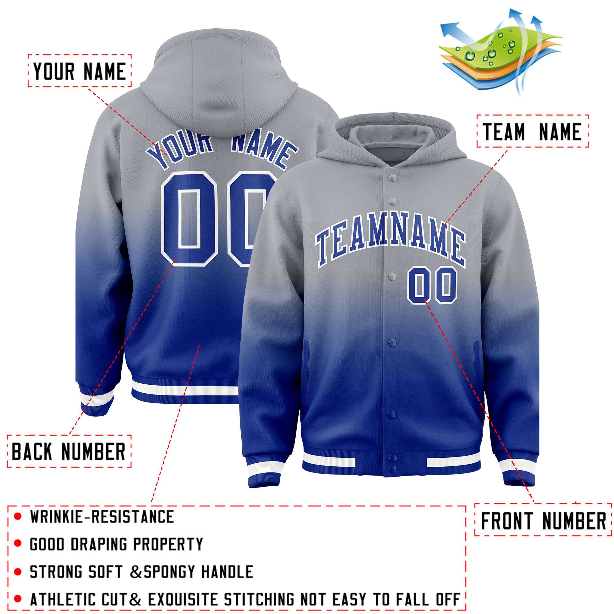 Custom Gray Royal Varsity Full-Snap Letterman Gradient Hoodie Jacket