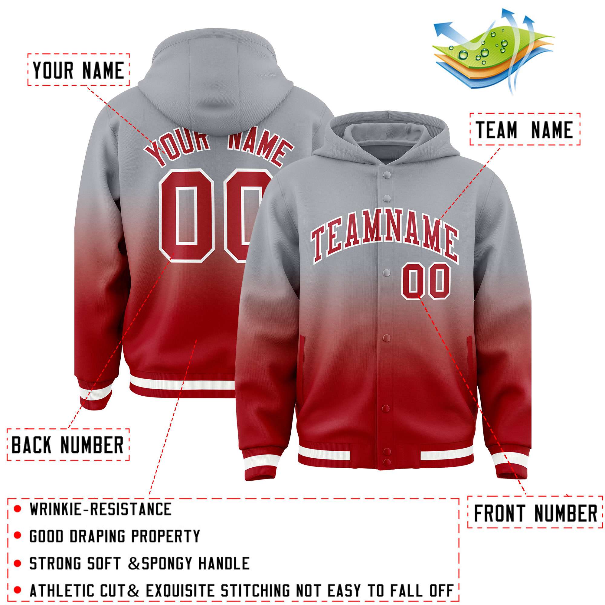 Custom Gray Red Varsity Full-Snap Letterman Gradient Hoodie Jacket