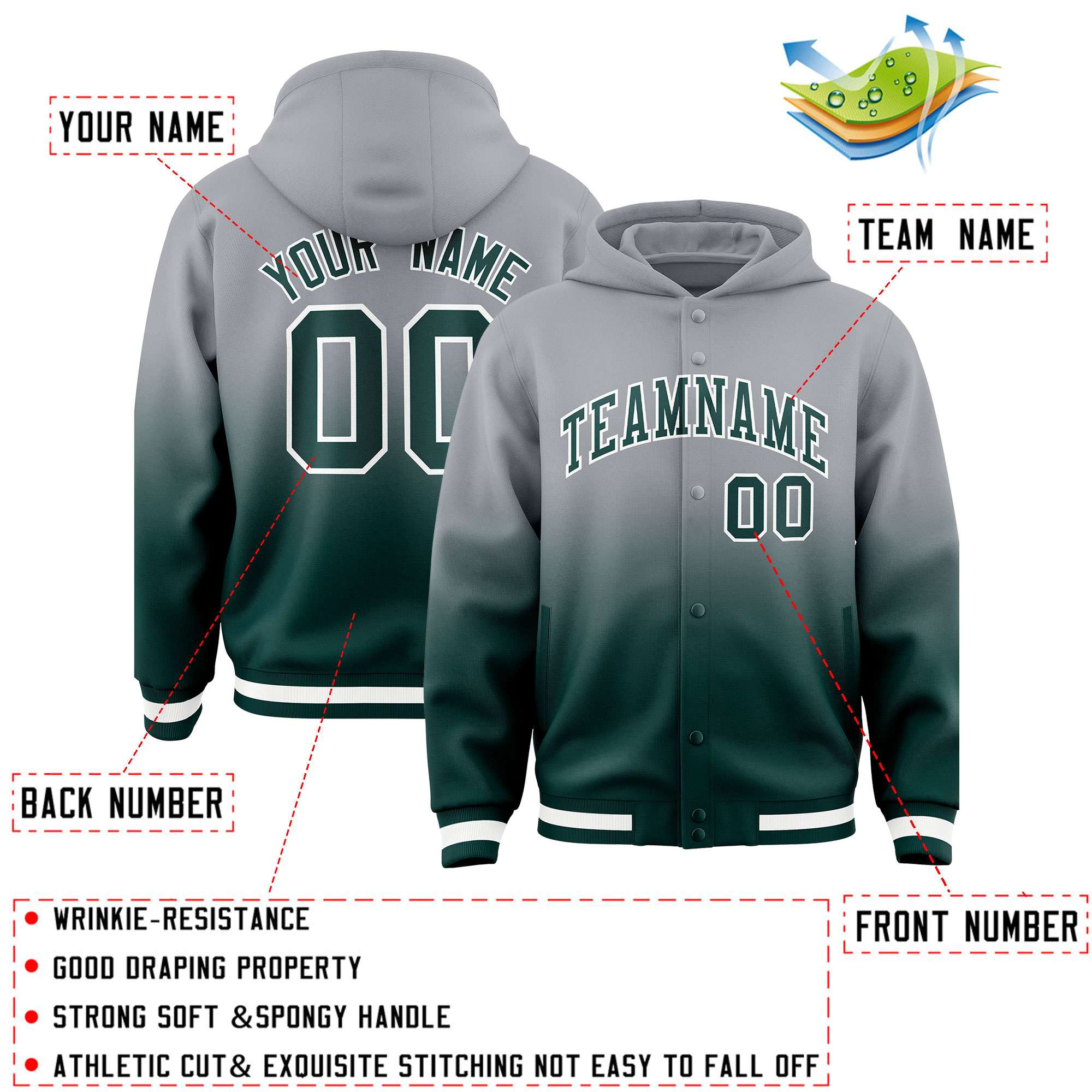 Custom Gray Midnight Green Varsity Full-Snap Letterman Gradient Hoodie Jacket