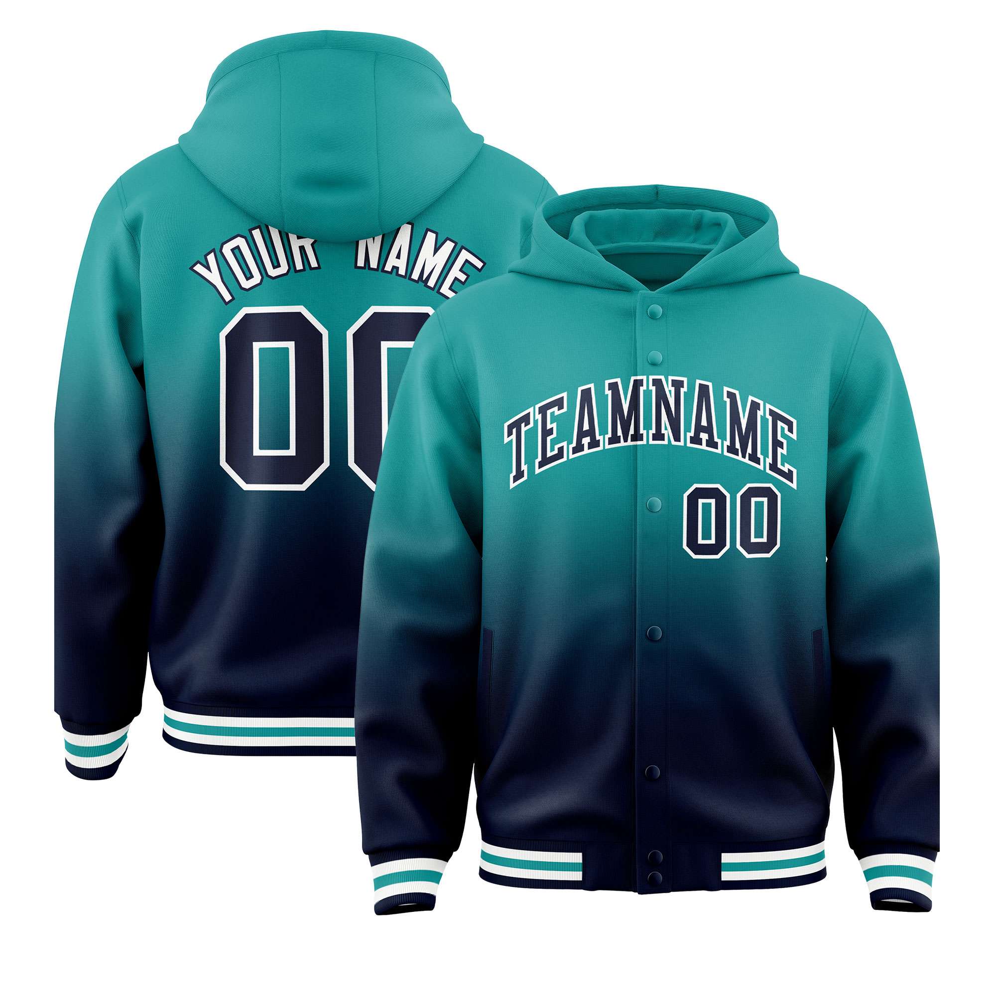 Custom Aqua Navy Varsity Full-Snap Letterman Gradient Hoodie Jacket