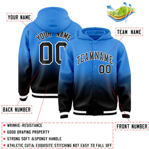 Custom Blue Black Varsity Full-Snap Letterman Gradient Hoodie Jacket