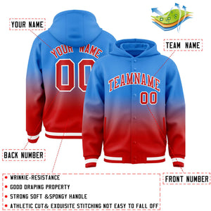 Custom Blue Red Varsity Full-Snap Letterman Gradient Hoodie Jacket