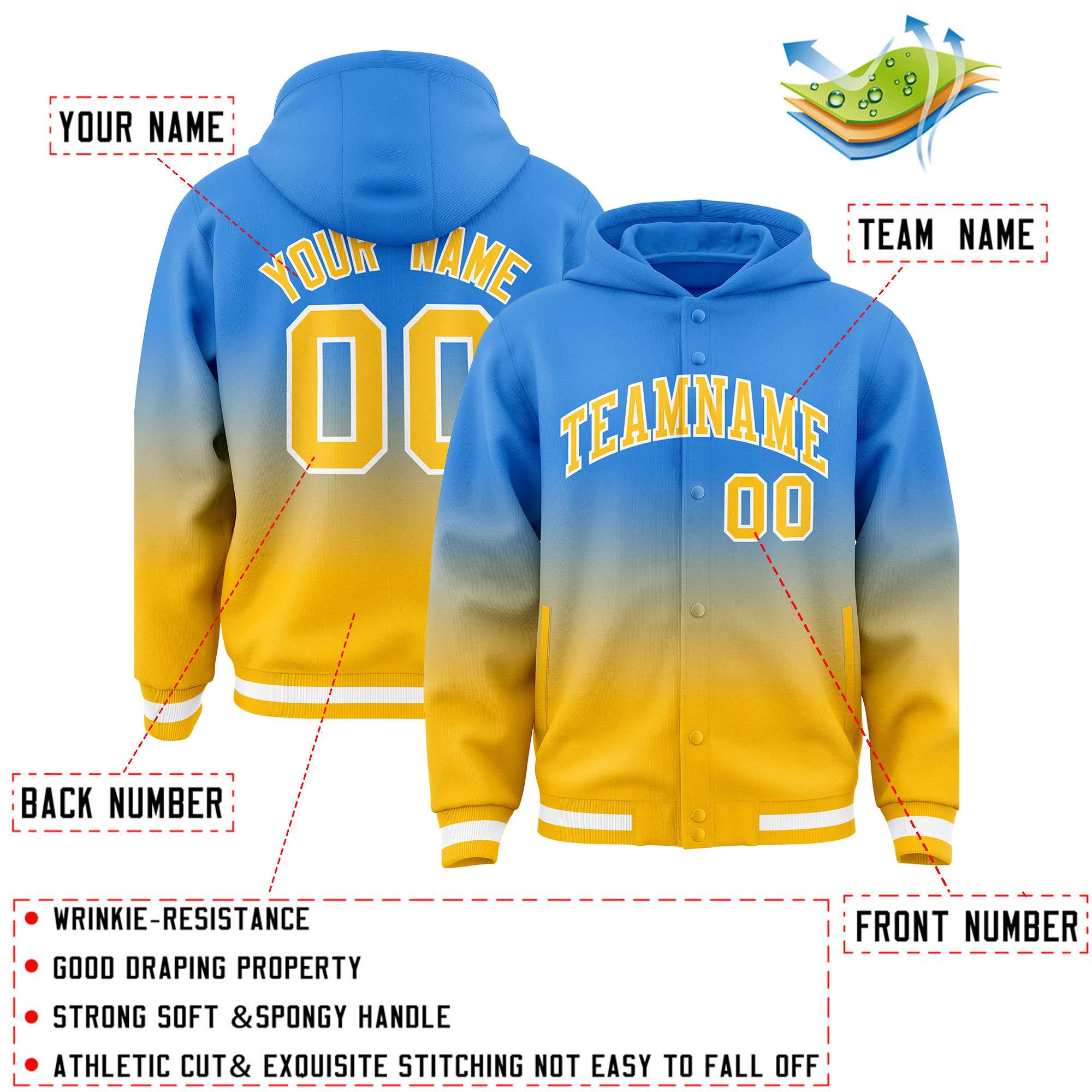 Custom Blue Yellow Varsity Full-Snap Letterman Gradient Hoodie Jacket