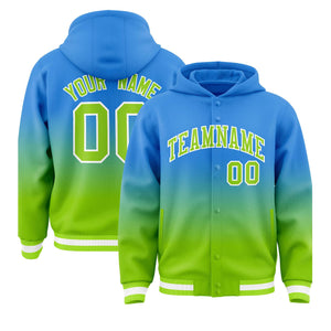 Custom Blue Neon Green Varsity Full-Snap Letterman Gradient Hoodie Jacket