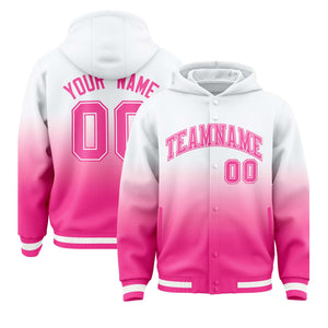 Custom White Pink Varsity Full-Snap Letterman Gradient Hoodie Jacket