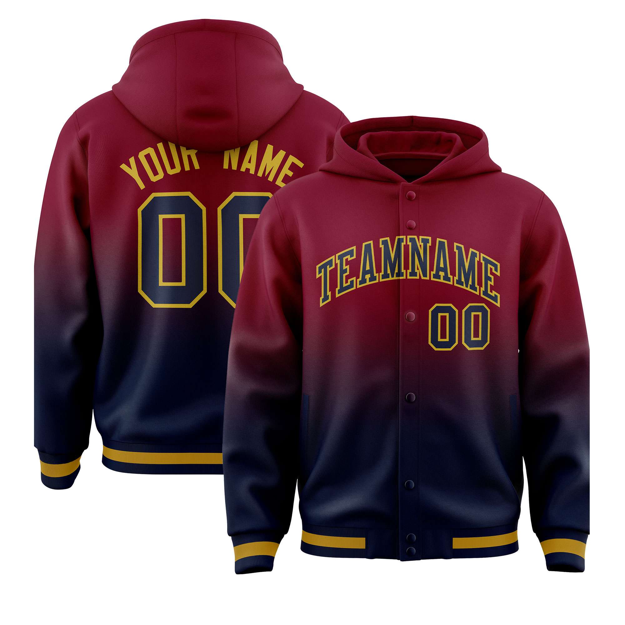 Custom Crimson Navy Varsity Full-Snap Letterman Gradient Hoodie Jacket