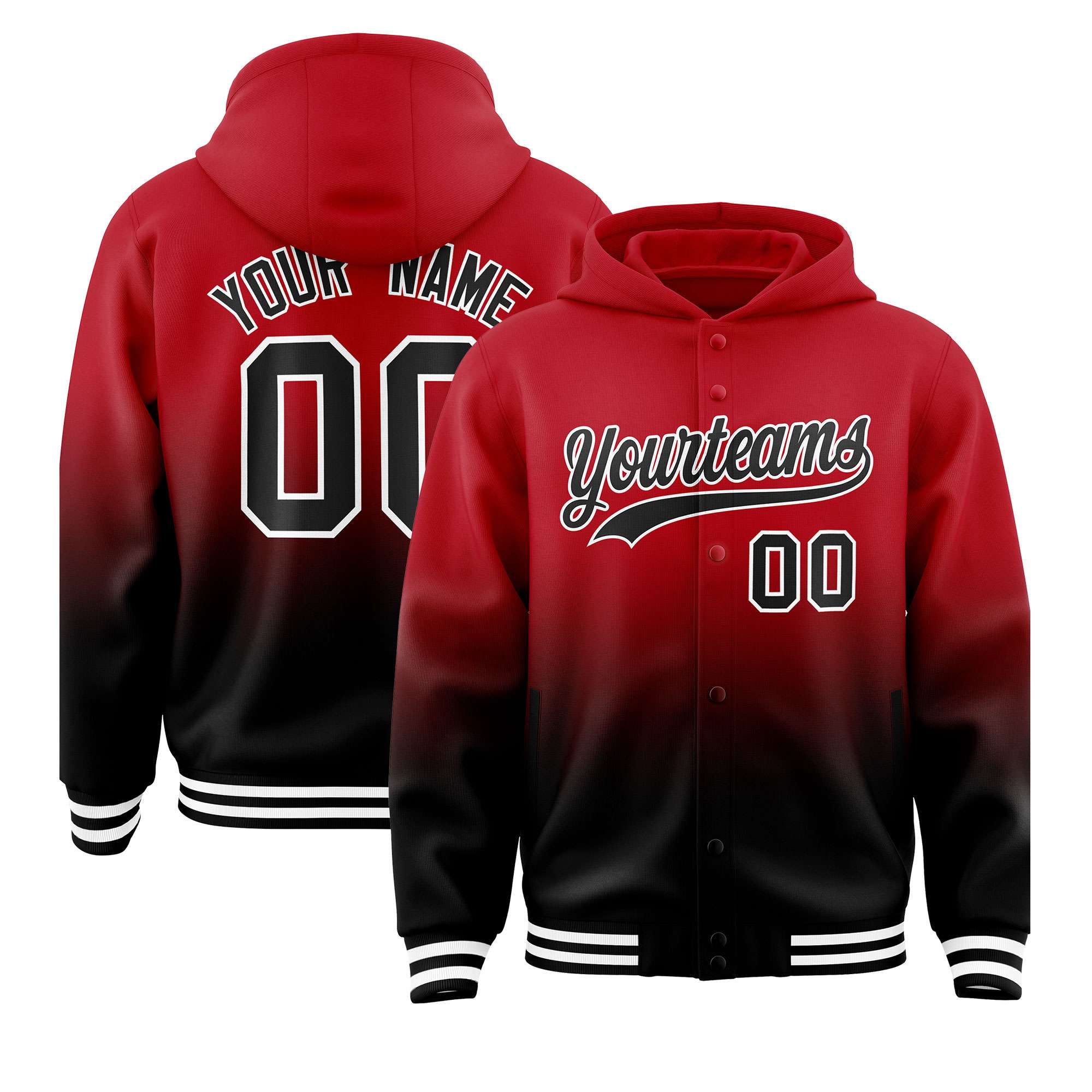 Custom Red Black Varsity Full-Snap Letterman Gradient Hoodie Jacket