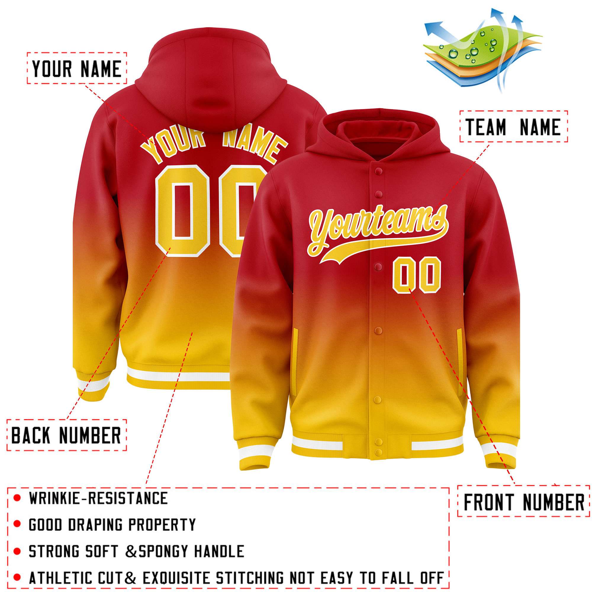 Custom Red Yellow Varsity Full-Snap Letterman Gradient Hoodie Jacket