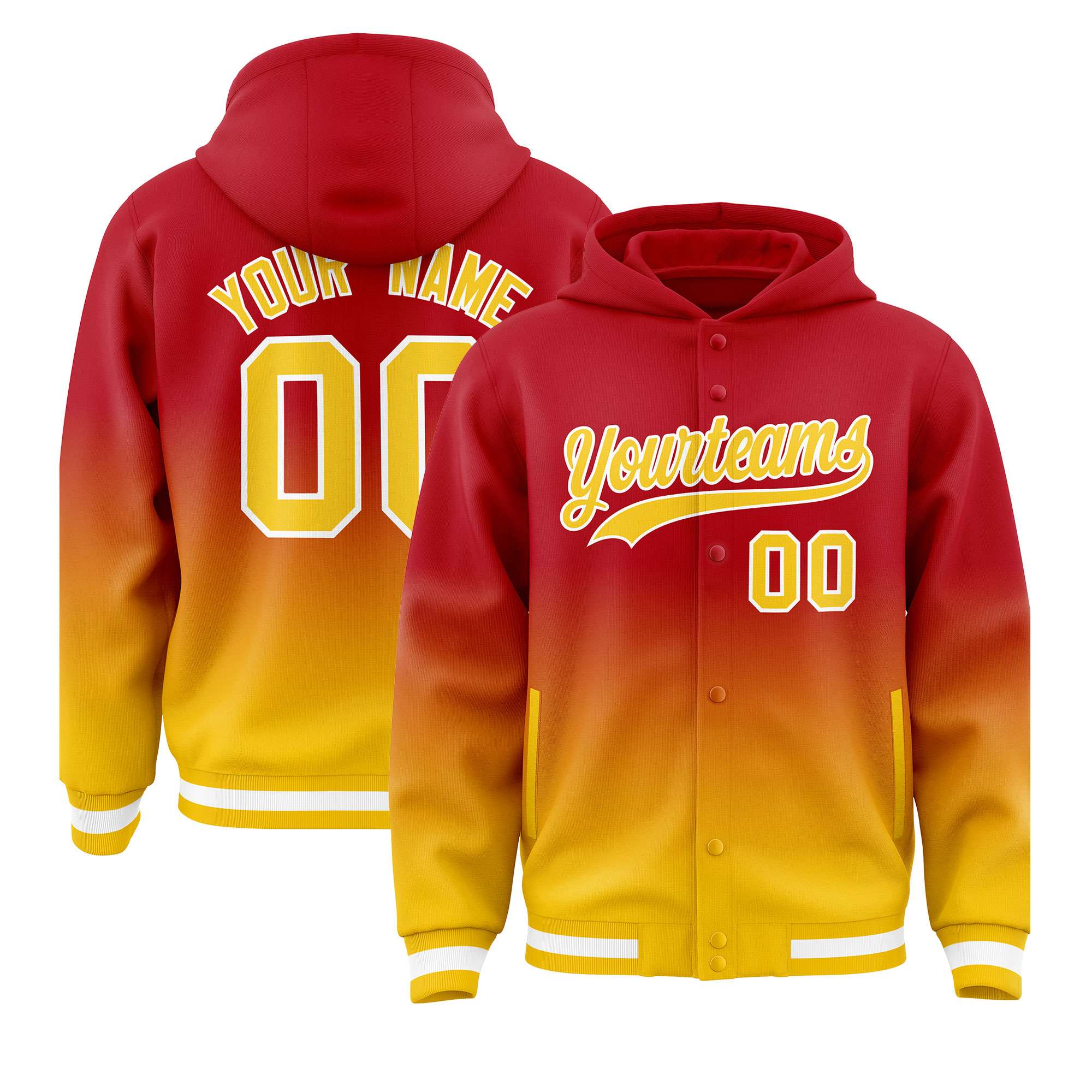 Custom Red Yellow Varsity Full-Snap Letterman Gradient Hoodie Jacket