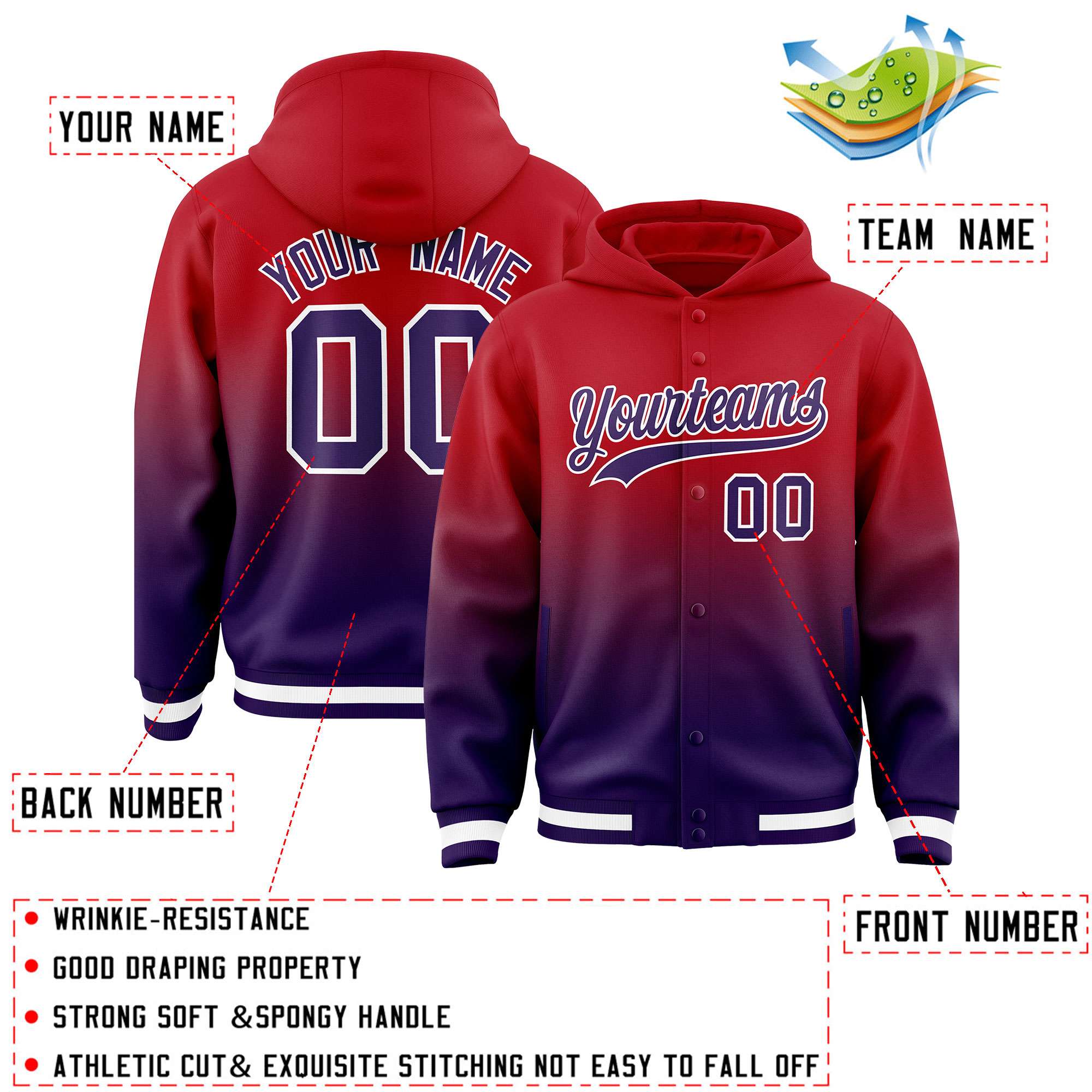 Custom Red Purple Varsity Full-Snap Letterman Gradient Hoodie Jacket