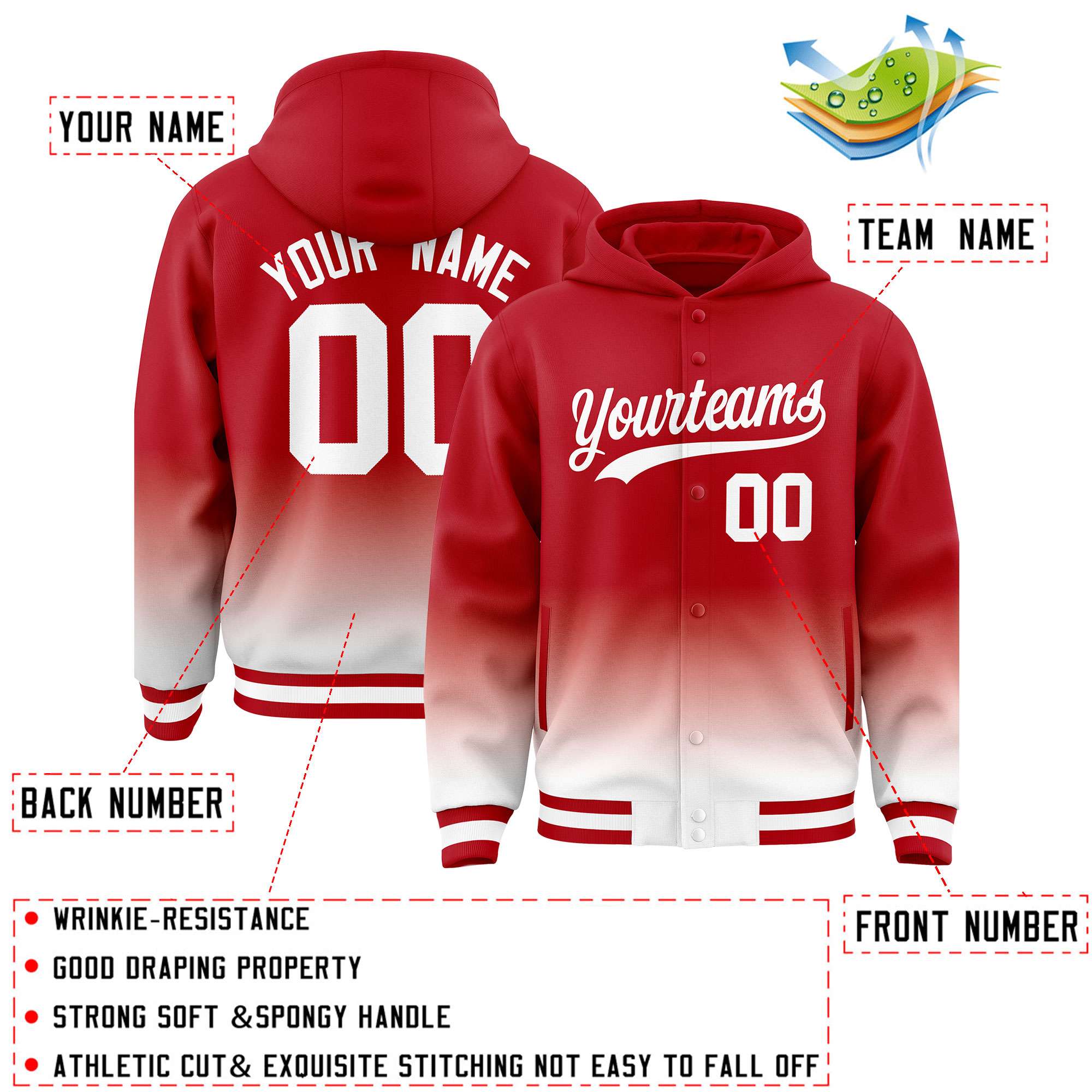 Custom Red White Varsity Full-Snap Letterman Gradient Hoodie Jacket