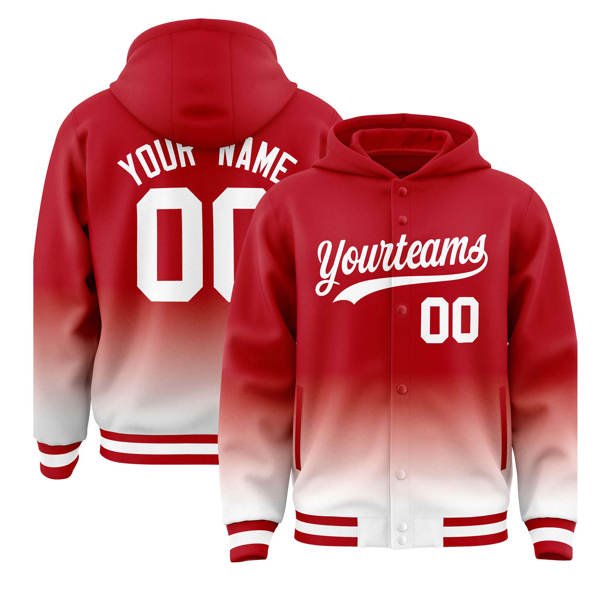 Custom Red White Varsity Full-Snap Letterman Gradient Hoodie Jacket