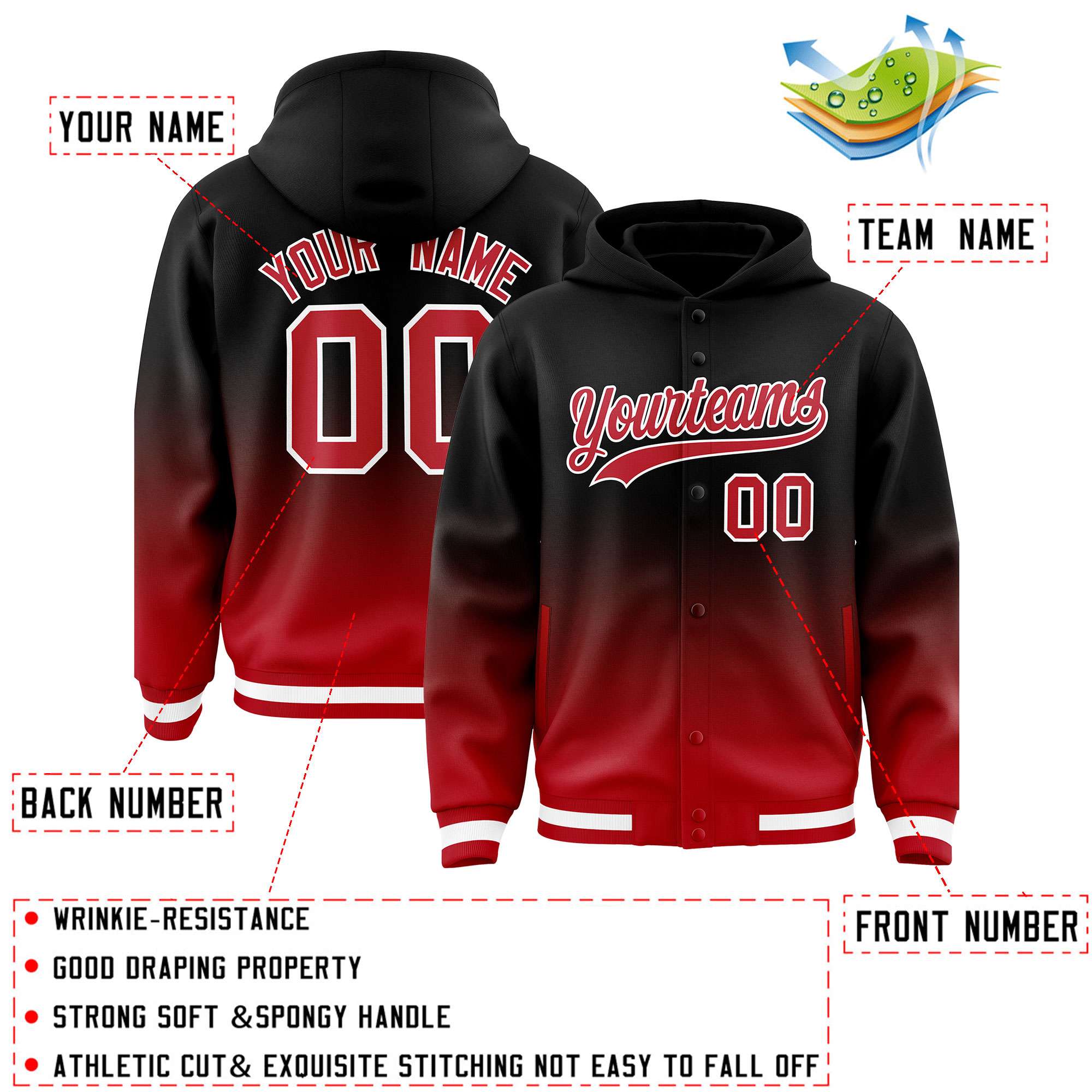 Custom Black Red Varsity Full-Snap Letterman Gradient Hoodie Jacket