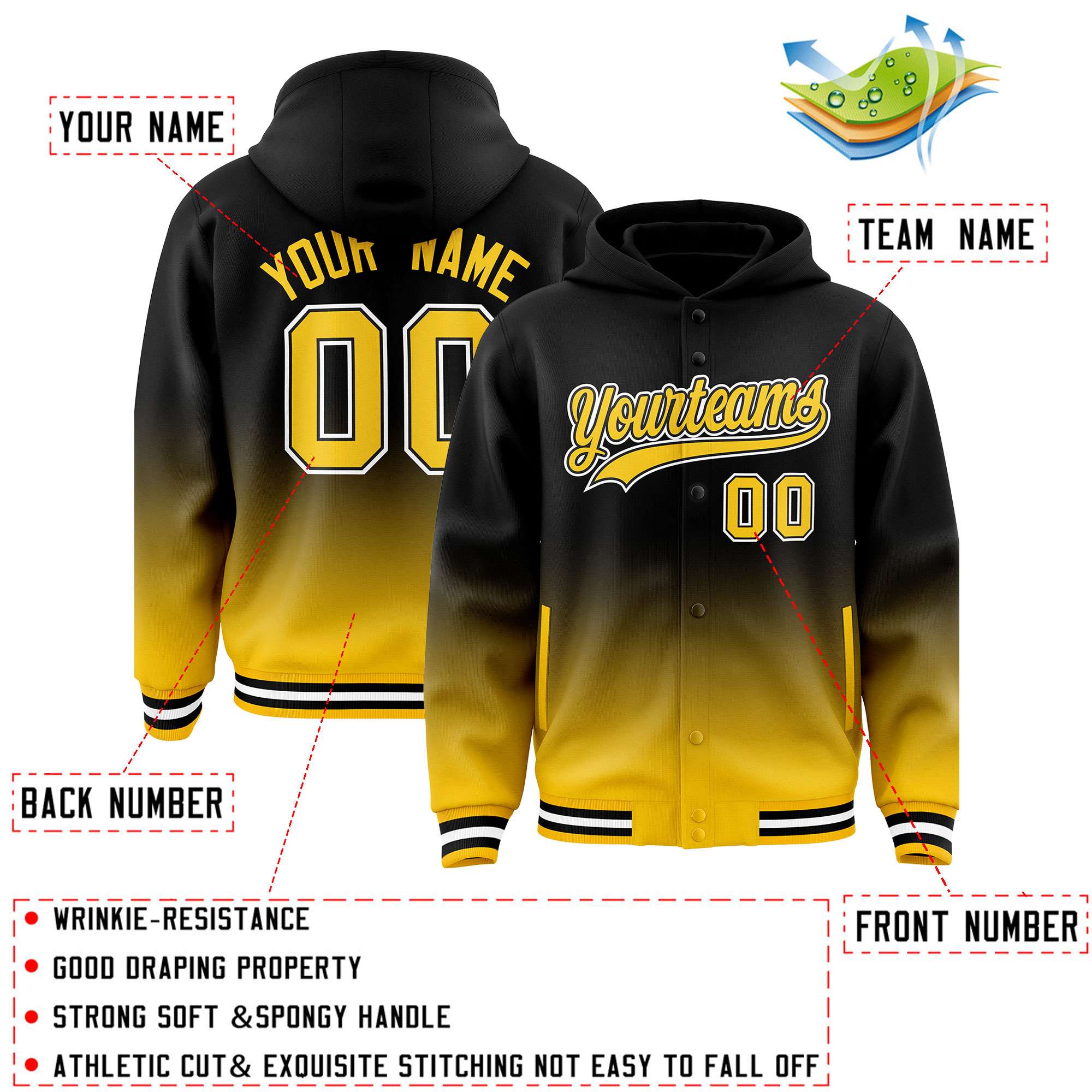 Custom Black Yellow Varsity Full-Snap Letterman Gradient Hoodie Jacket