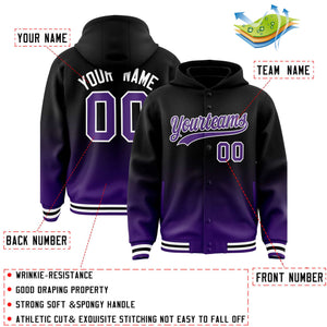 Custom Black Purple Varsity Full-Snap Letterman Gradient Hoodie Jacket